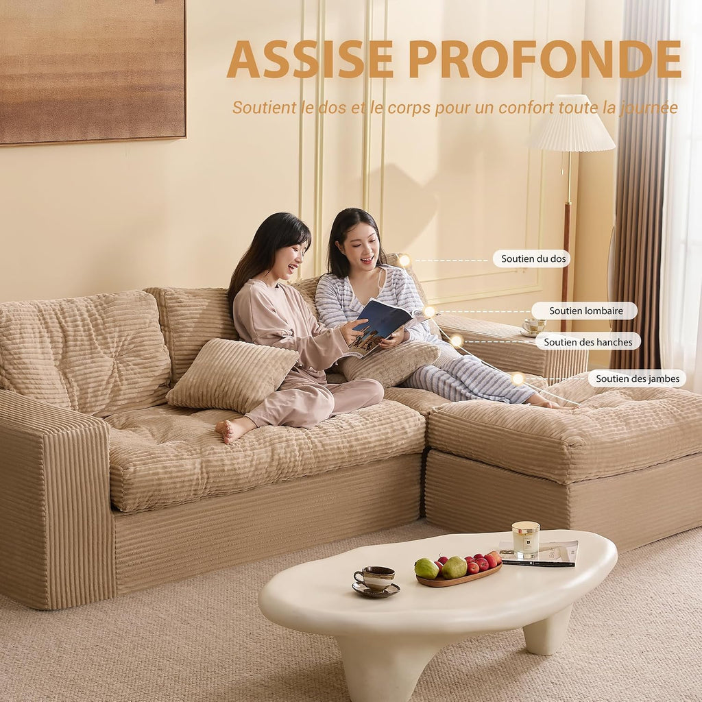 Canapé d'angle modulable Litbird – 3 places + pouf – Velours côtelé beige – Sans montage