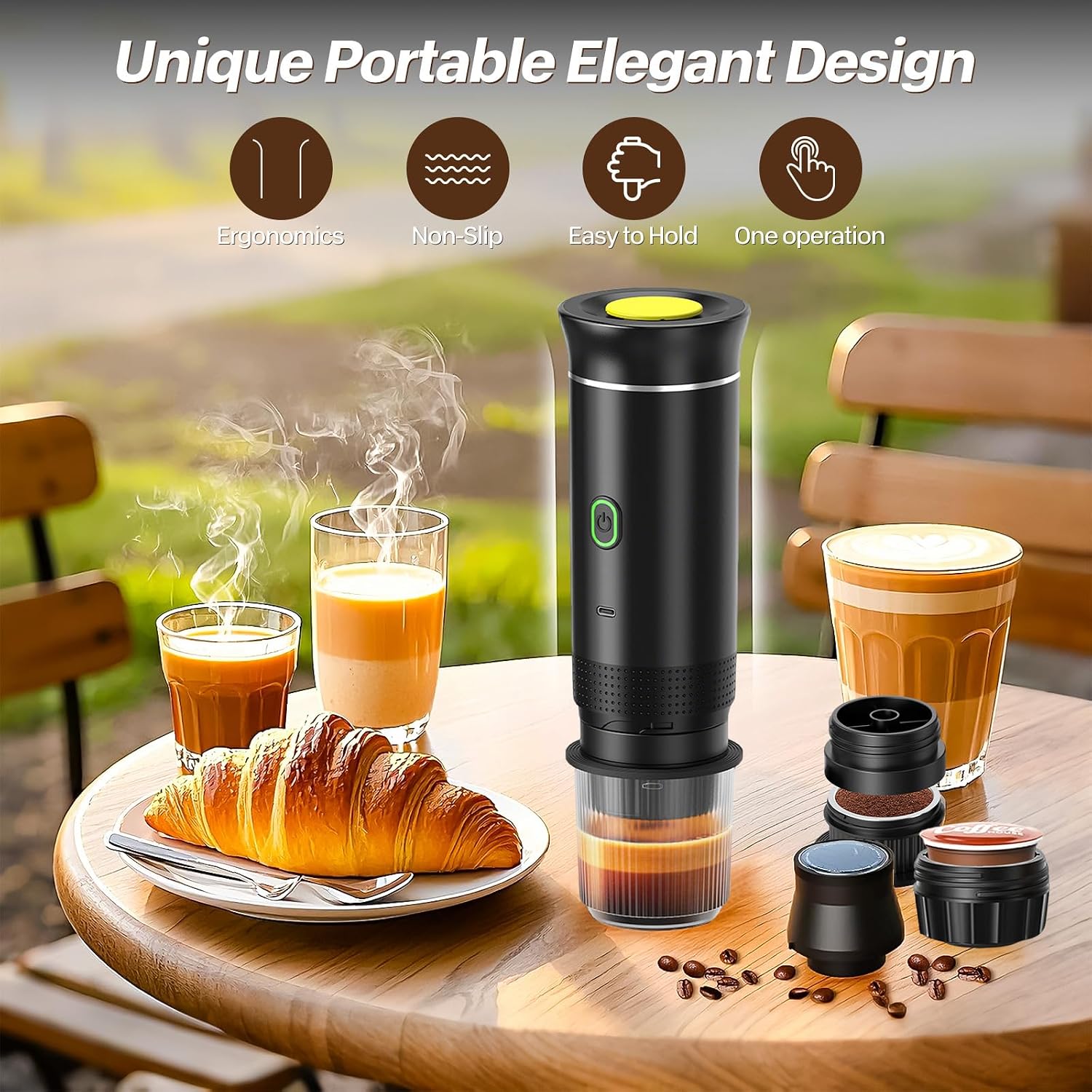 VHV Draagbaar koffiezetapparaat voor reizen, snelle verwarming, 3-in-1, draagbaar, 12 V, automatische verwarming van 4 tot 6 minuten, grote capsules, gemalen koffie, voor camping, kantoor, thuis