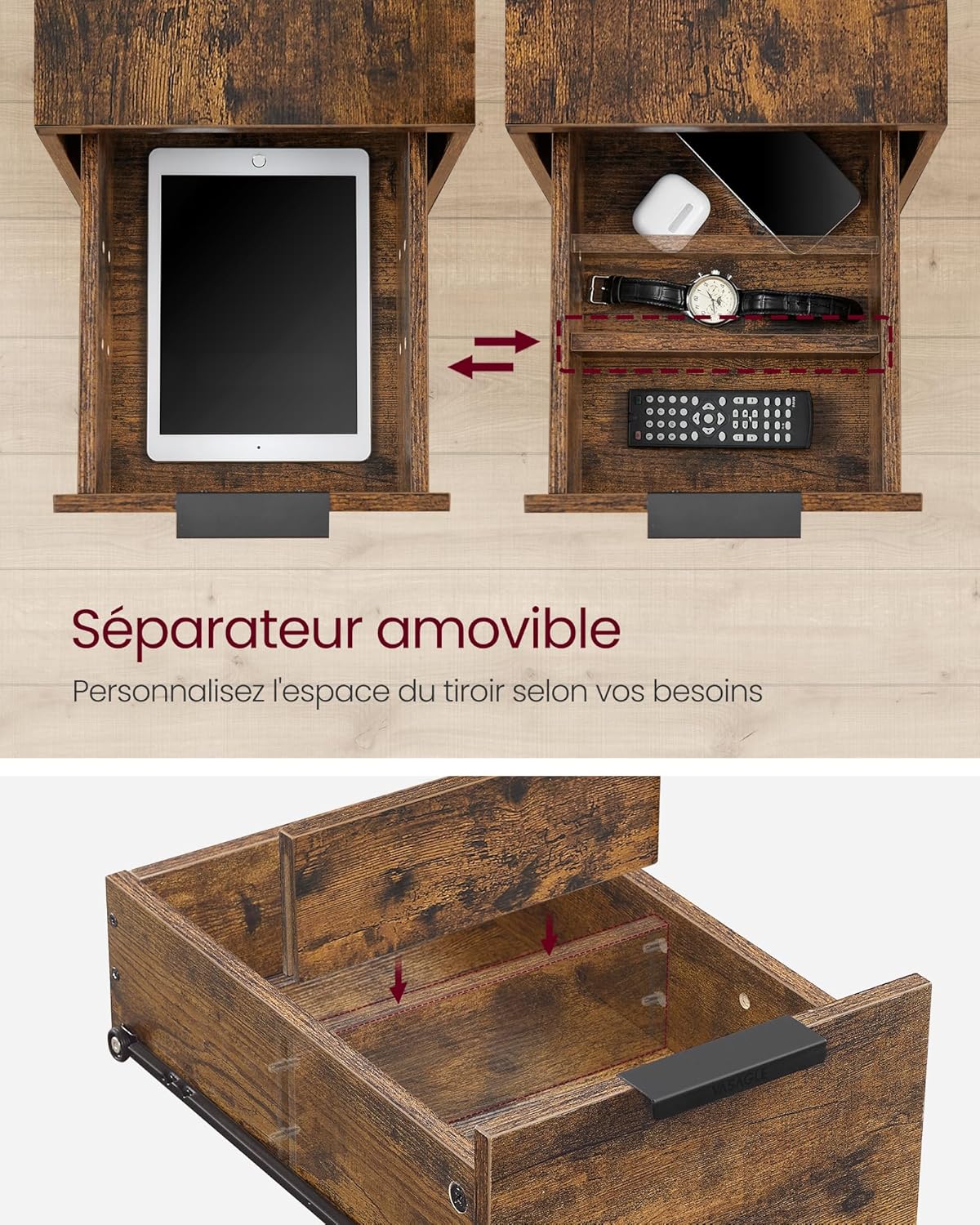 Table de Chevet VASAGLE avec Multiprise – 2 Tiroirs, USB, Style Vintage, 35 x 61 cm