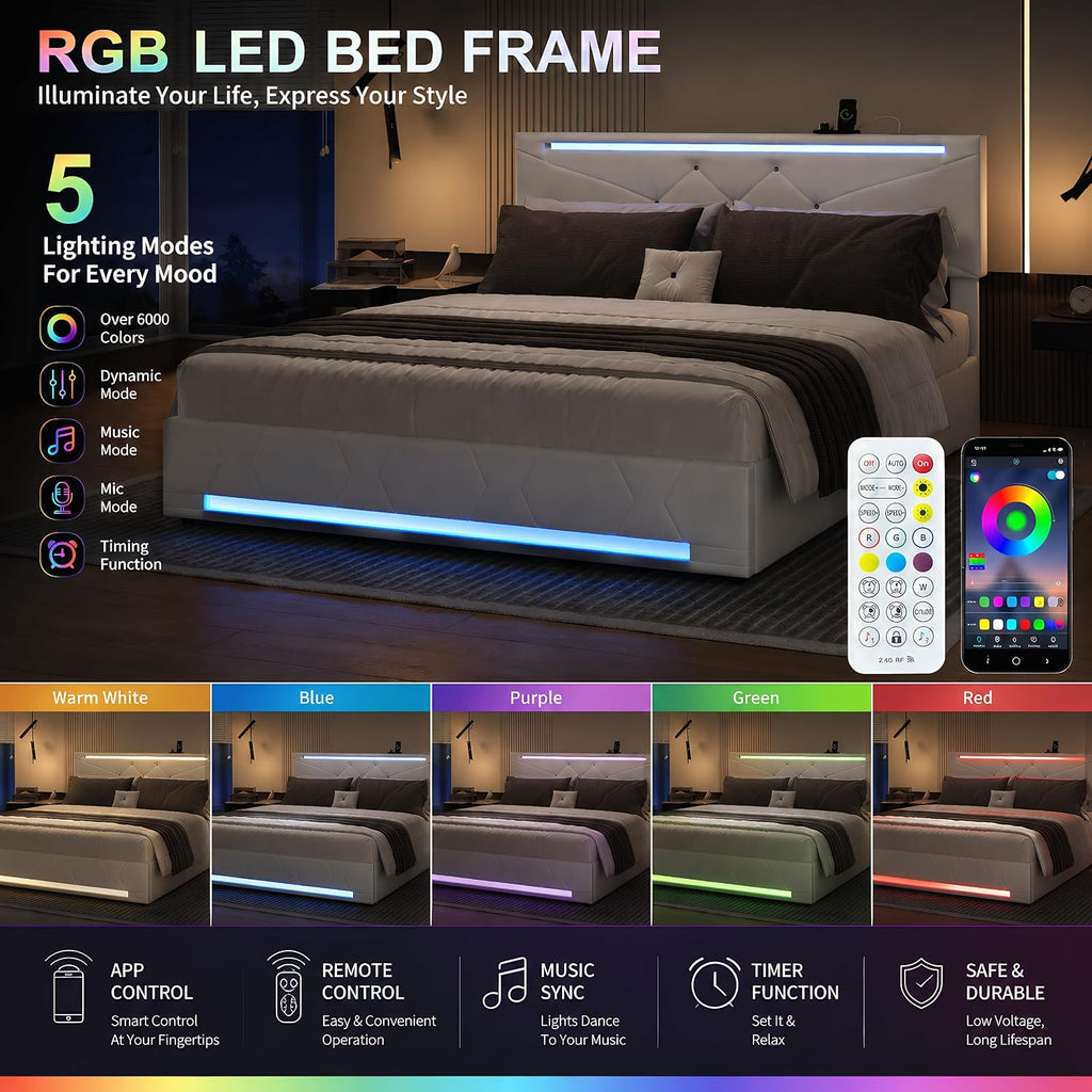 Lit Coffre BRILVERDE | LED RGB & Port USB | Sommier à Lattes | Tissu Lin | 90 à 160 x 200 cm