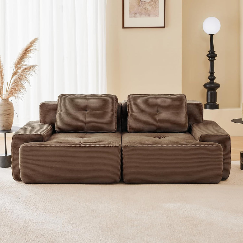 Canapé modulable en L Bladez – 3+1 places – Tissu côtelé kaki clair – Assise profonde