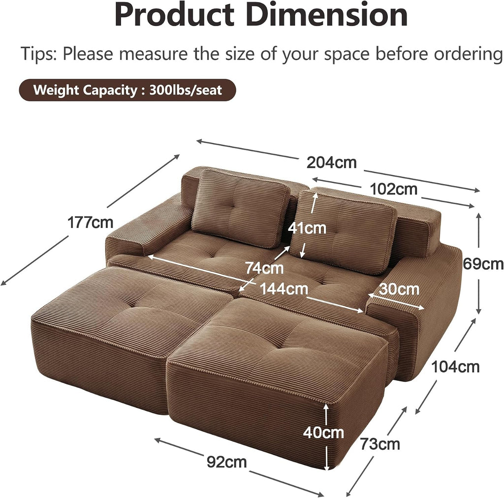 Canapé modulable en L Bladez – 3+1 places – Tissu côtelé kaki clair – Assise profonde