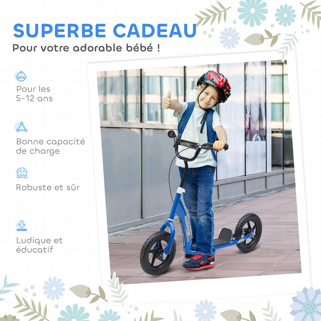 HOMCOM Scooter met banden, 30 cm, hoogte verstelbaar stuur, handgreep rem en standaard