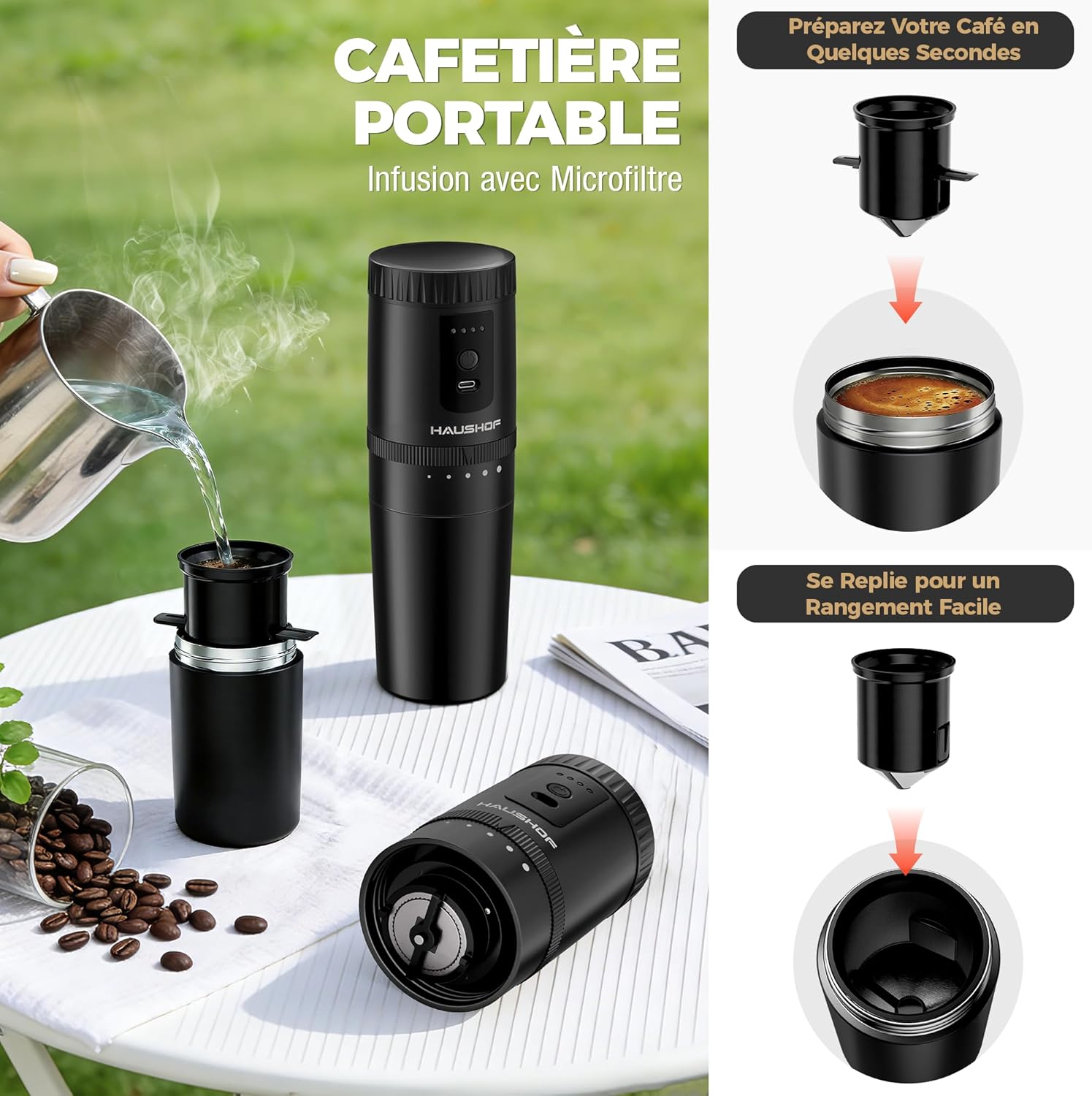 HAUSHOF Draagbare alles-in-één koffiezetapparaat met geïntegreerde molen, 5 maalinstellingen, USB-C oplaadbaar, 300 ml, ideaal voor reizen en kamperen, zwart