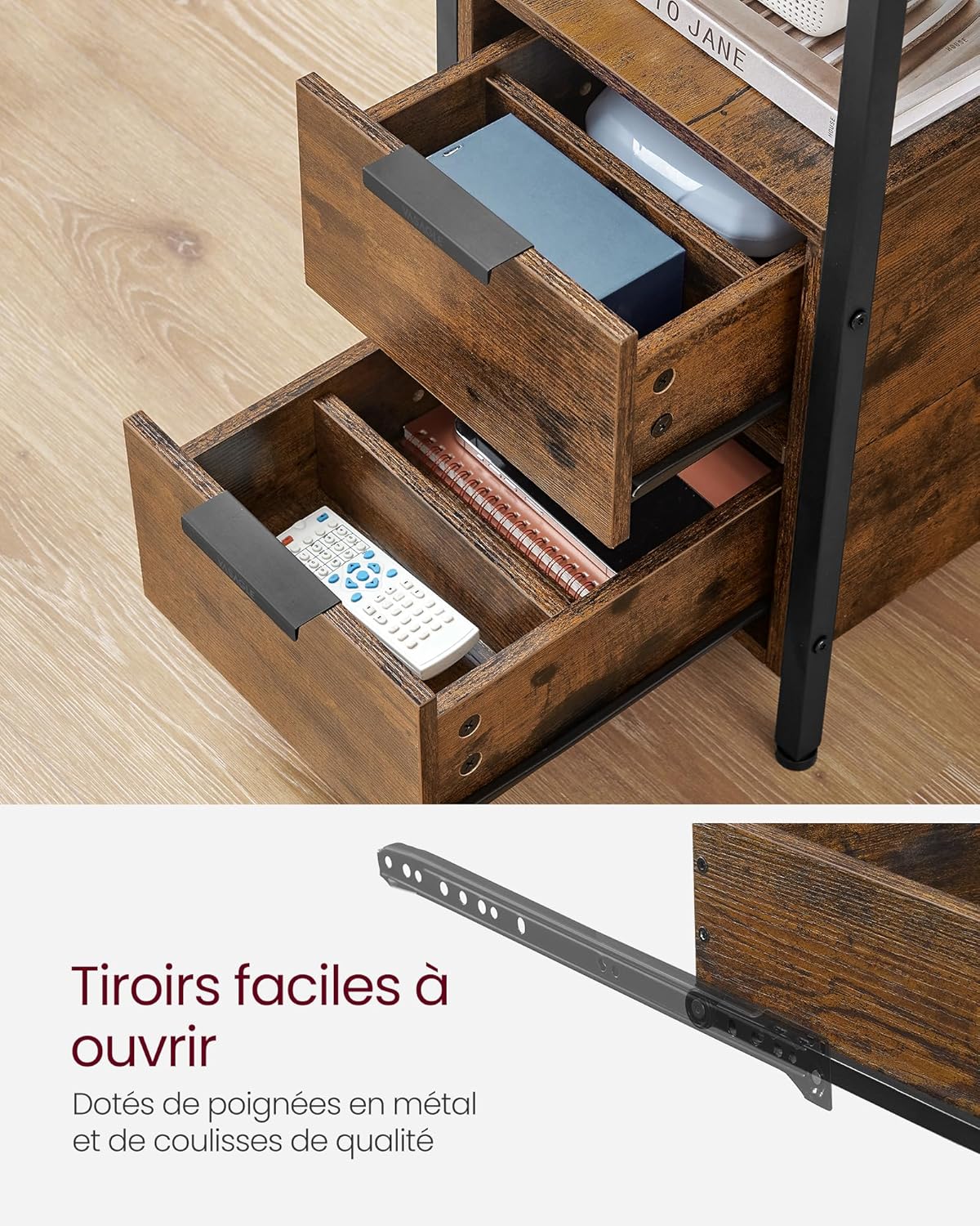Table de Chevet VASAGLE avec Multiprise – 2 Tiroirs, USB, Style Vintage, 35 x 61 cm