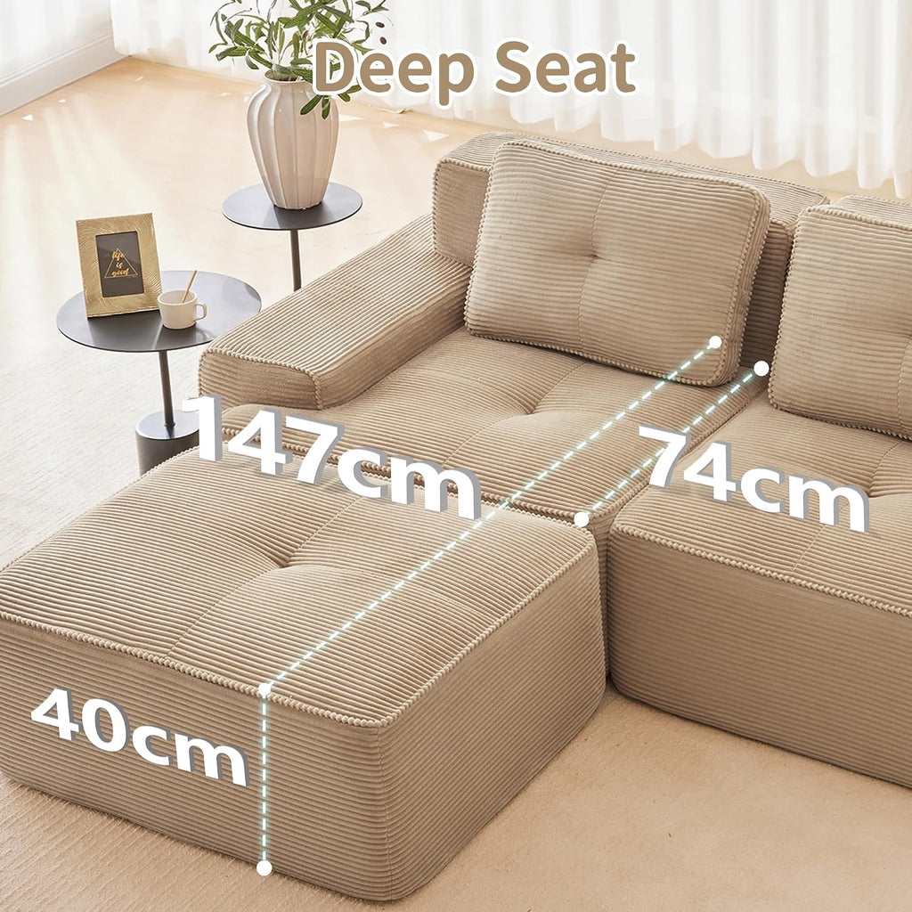 Canapé modulable en L Bladez – 3+1 places – Tissu côtelé kaki clair – Assise profonde