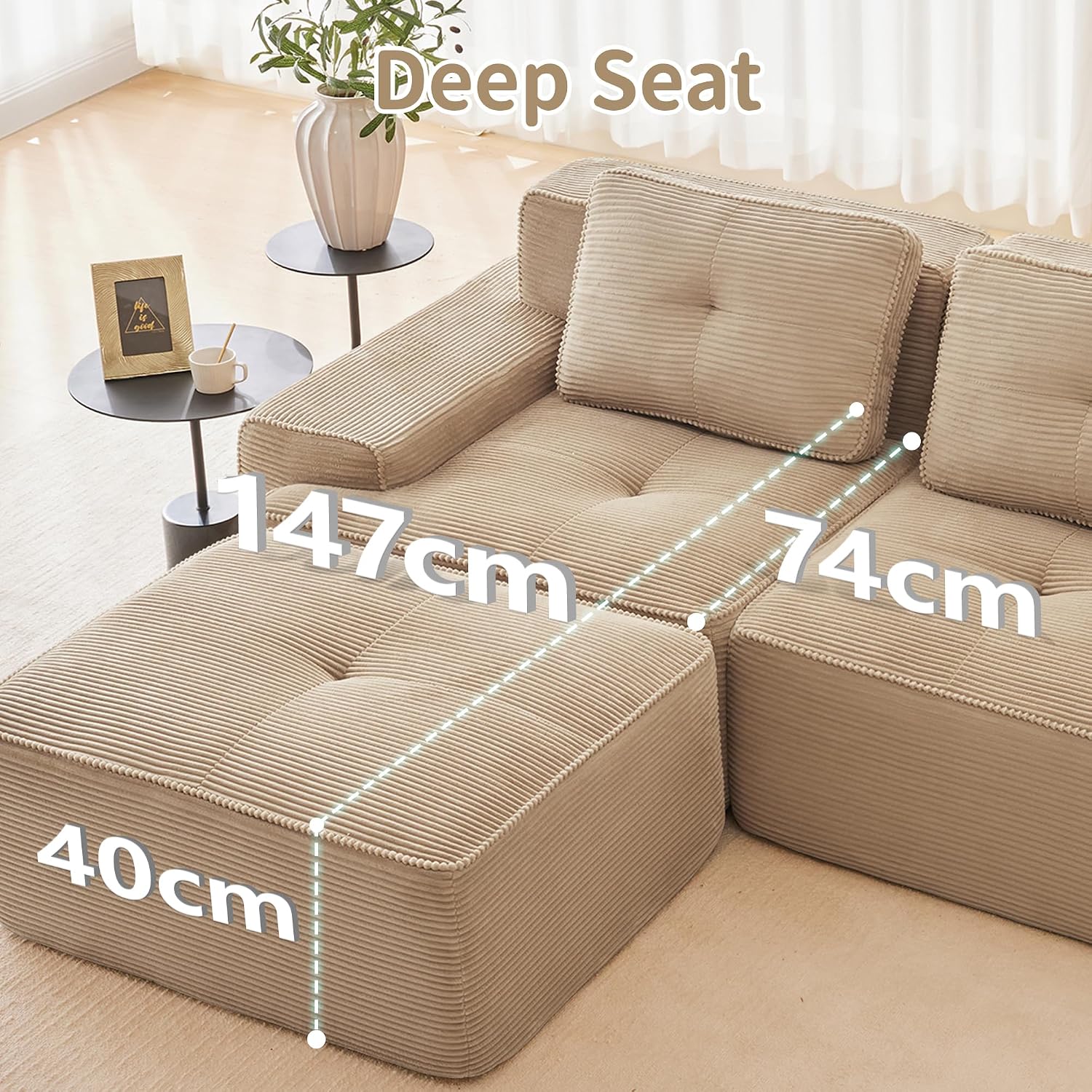 Canapé modulable en L Bladez – 3+1 places – Tissu côtelé kaki clair – Assise profonde