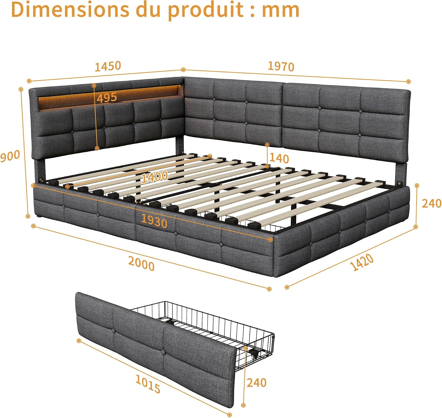 Lit Coffre 90x200 cm – Tête de Lit Rangement, Éclairage LED 16 Couleurs & Ports USB/USB-C