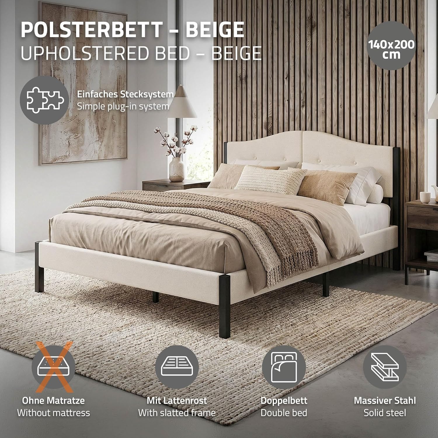 Lit Rembourré ML-Design | Cadre en Acier, Sommier à Lattes, Tête de Lit | Tissu Lin Beige ou Gris | 90/140/160/180 x 200 cm