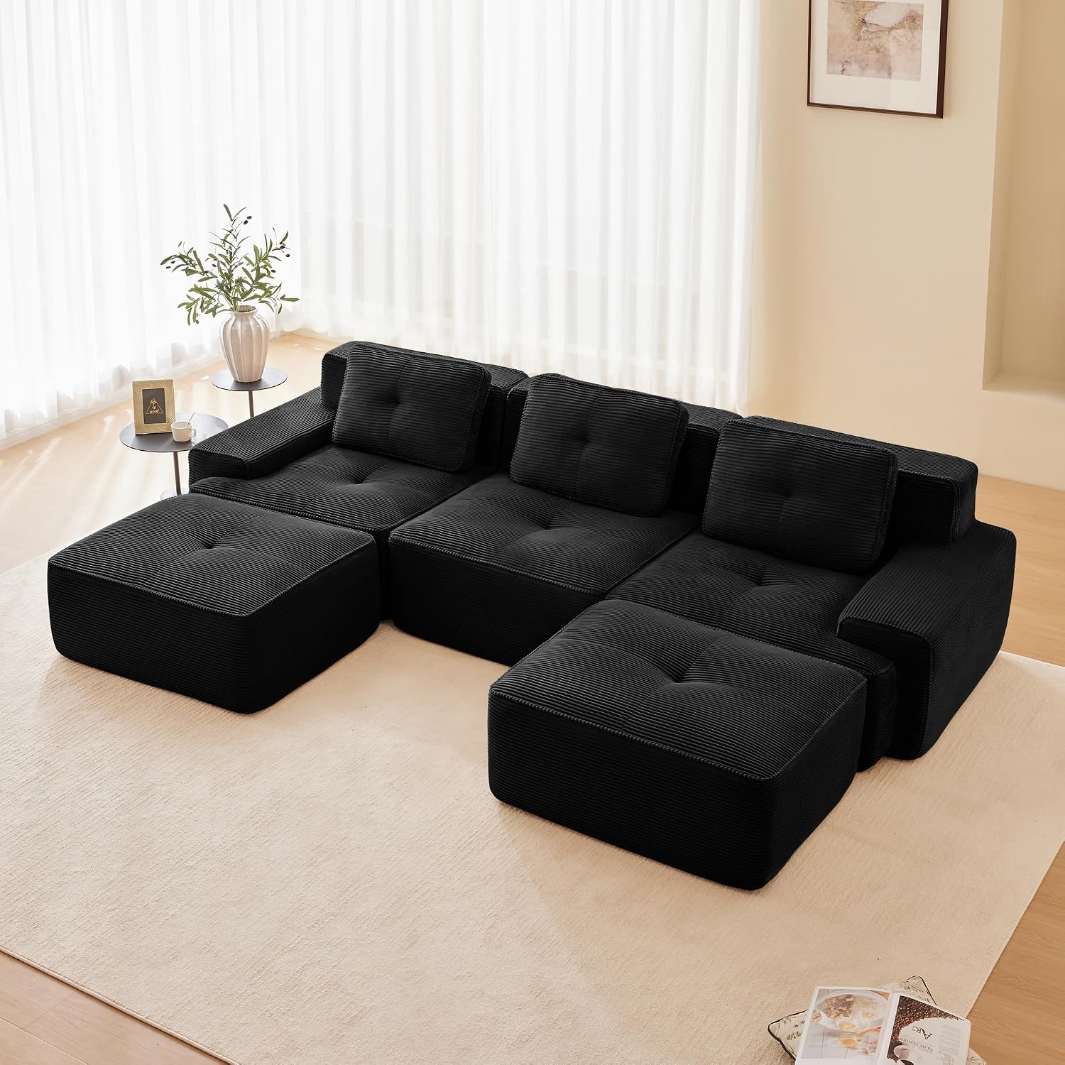 Canapé modulable en L Bladez – 3+1 places – Tissu côtelé kaki clair – Assise profonde
