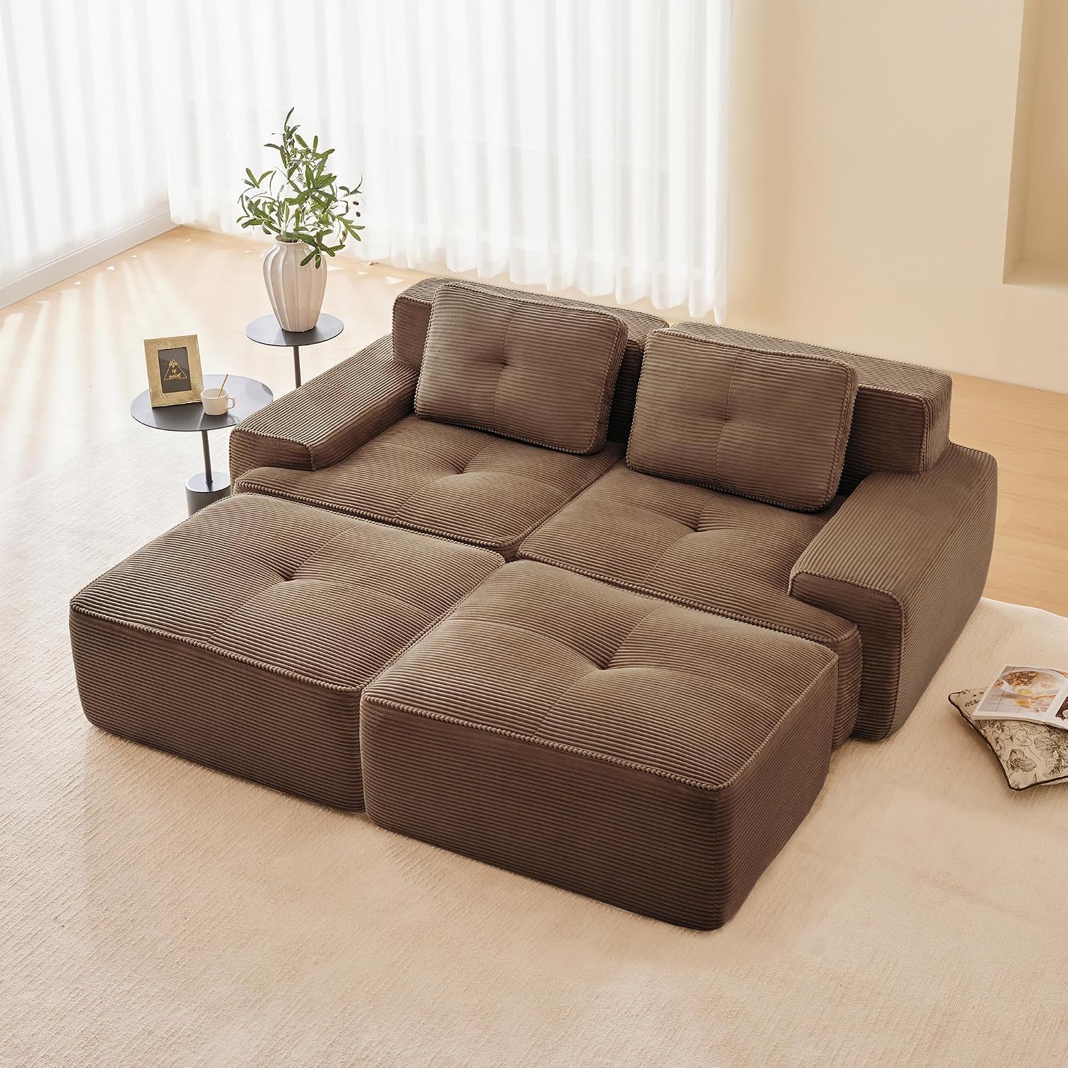 Canapé modulable en L Bladez – 3+1 places – Tissu côtelé kaki clair – Assise profonde