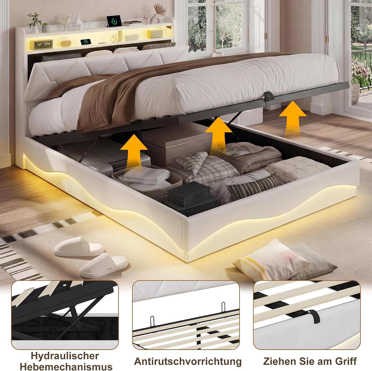 Lit Coffre BRILVERDE | LED RGB & Port USB | Sommier à Lattes | Tissu Lin | 90 à 160 x 200 cm
