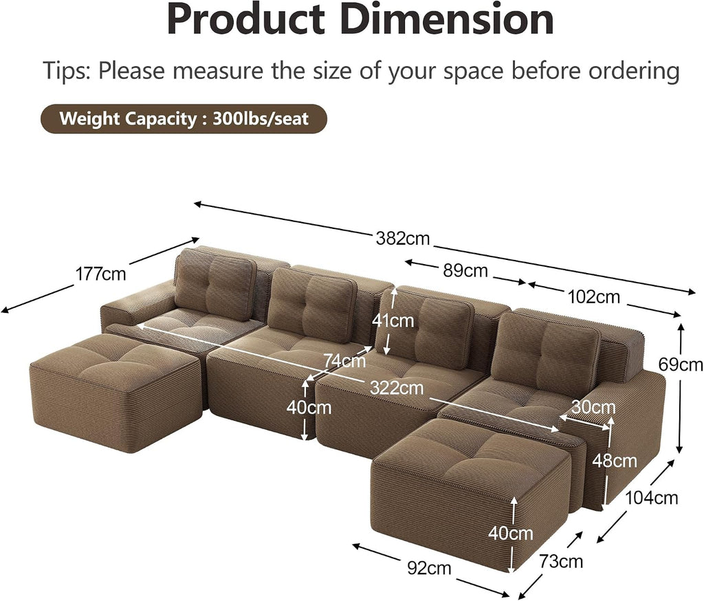 Canapé Modulable Cloud en Velours Côtelé – Assise Profonde, Convertible, Sans Montage