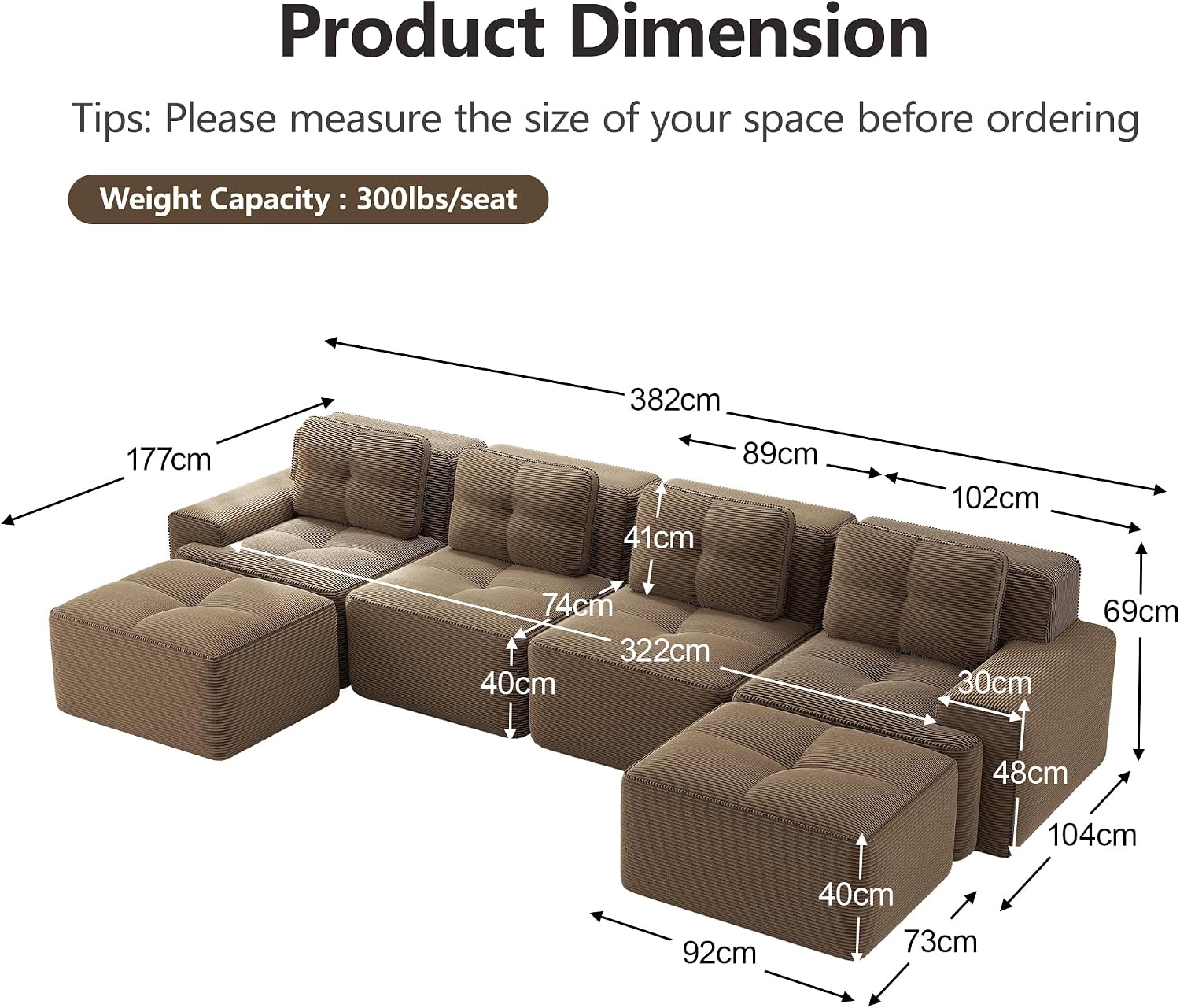 Canapé Modulable Cloud en Velours Côtelé – Assise Profonde, Convertible, Sans Montage