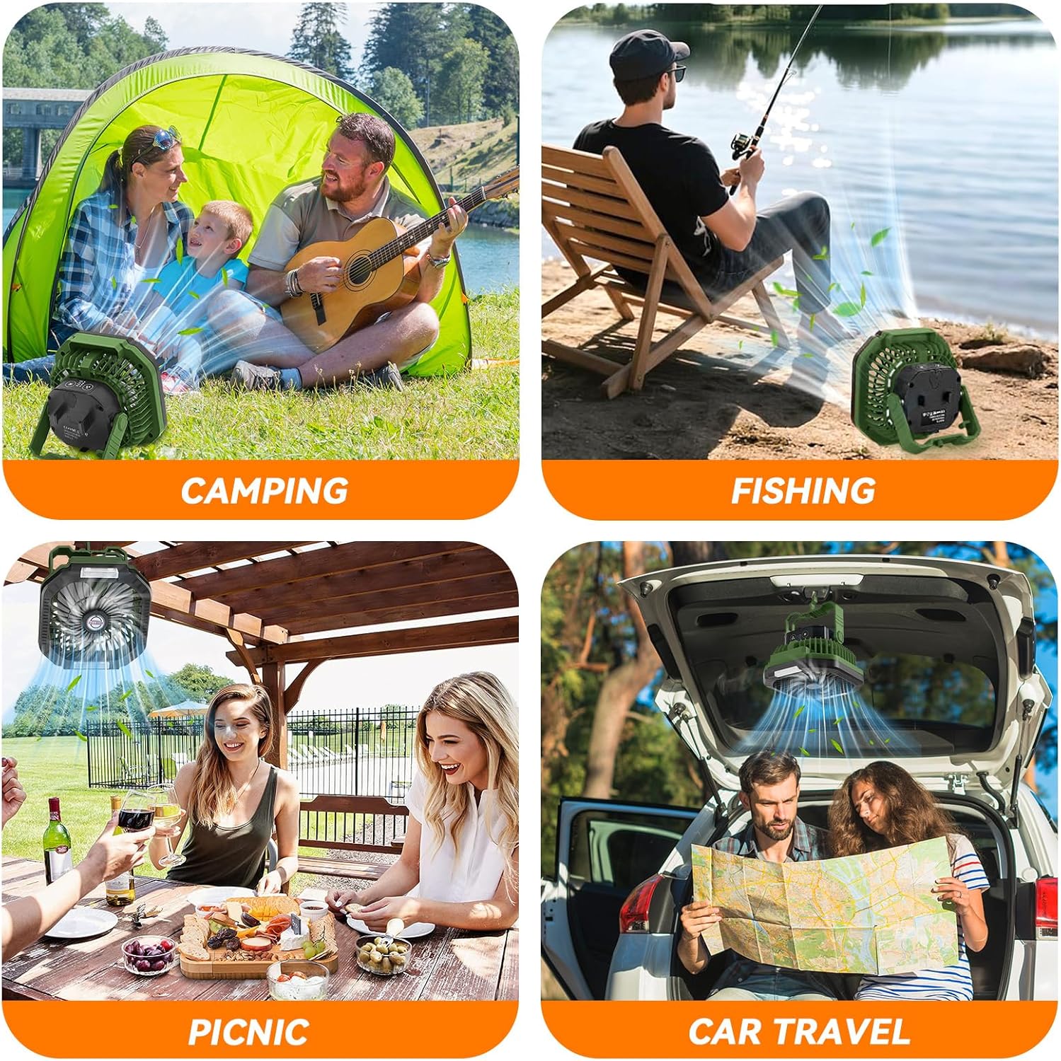 Campingventilator, 7800 mAh, draagbaar, oplaadbaar, met ledlamp, 4 ventilatiesnelheden, met afstandsbediening, voor kamperen in de open lucht, strand en reistenten