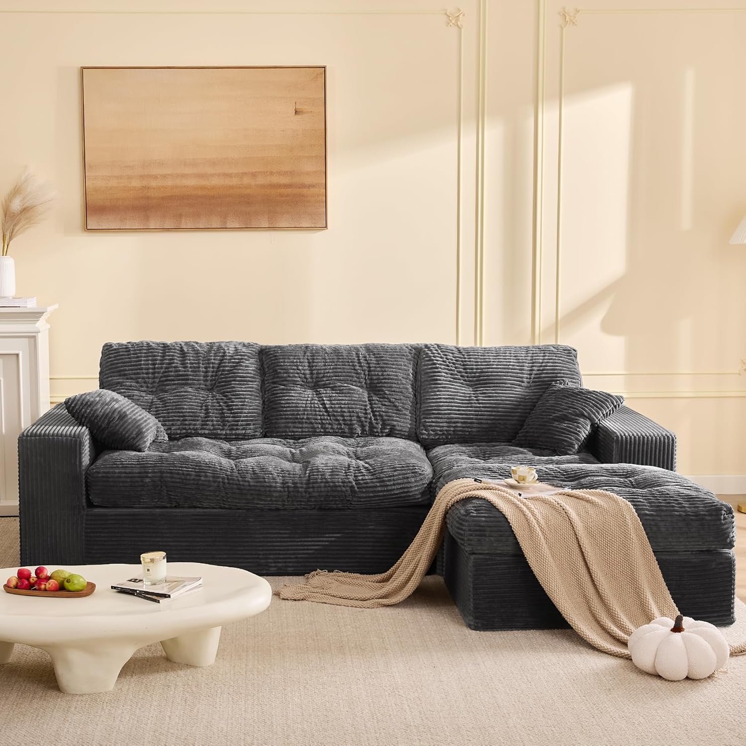 Canapé d'angle modulable Litbird – 3 places + pouf – Velours côtelé beige – Sans montage