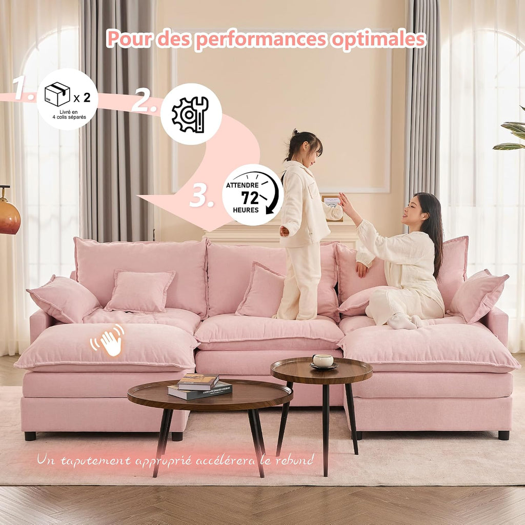Canapé Modulable Litbird 3 Places — Velours Côtelé, Rose Pâle, Convertible