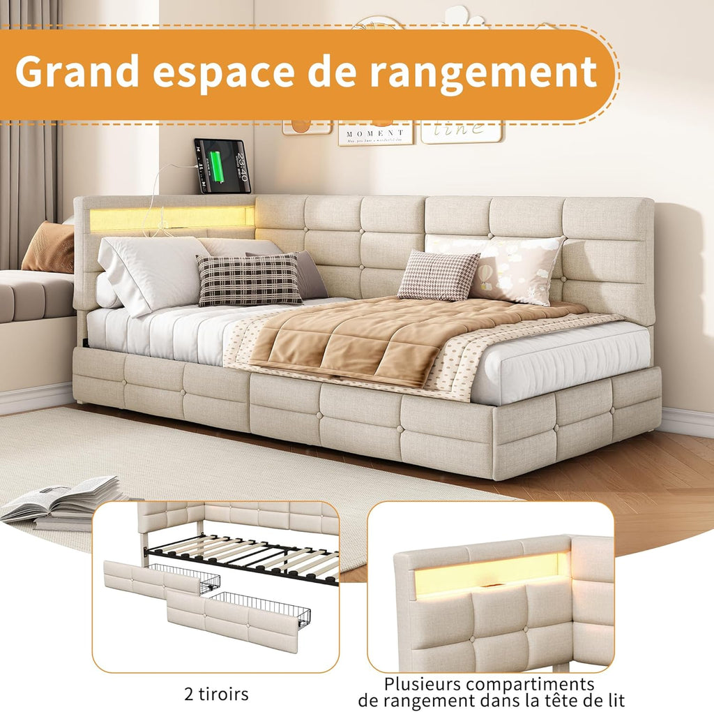 Lit Coffre 90x200 cm – Tête de Lit Rangement, Éclairage LED 16 Couleurs & Ports USB/USB-C