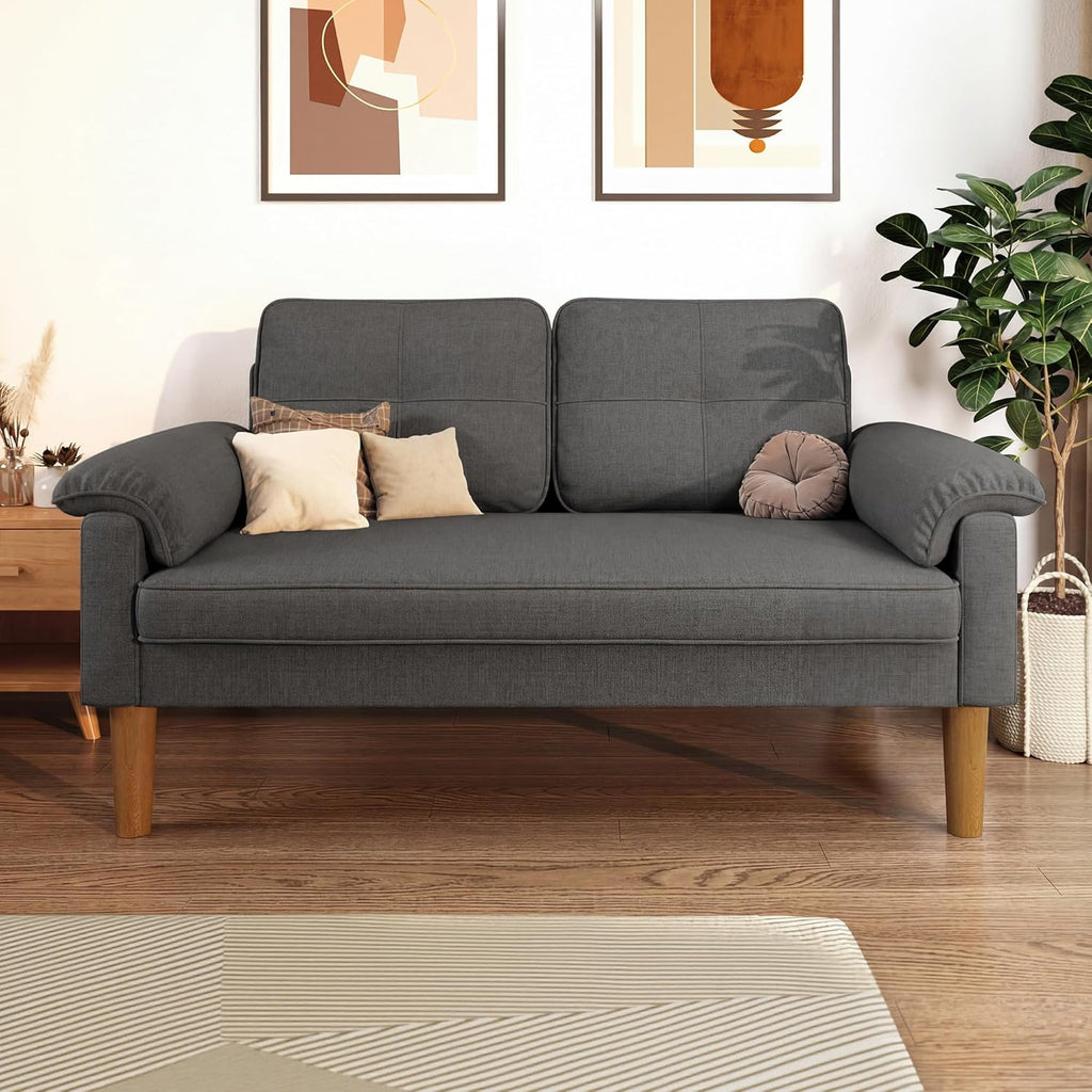 Canapé 2 Places en Lin – Gris Anthracite, Pieds Bois, Poches Latérales | Petit Espace