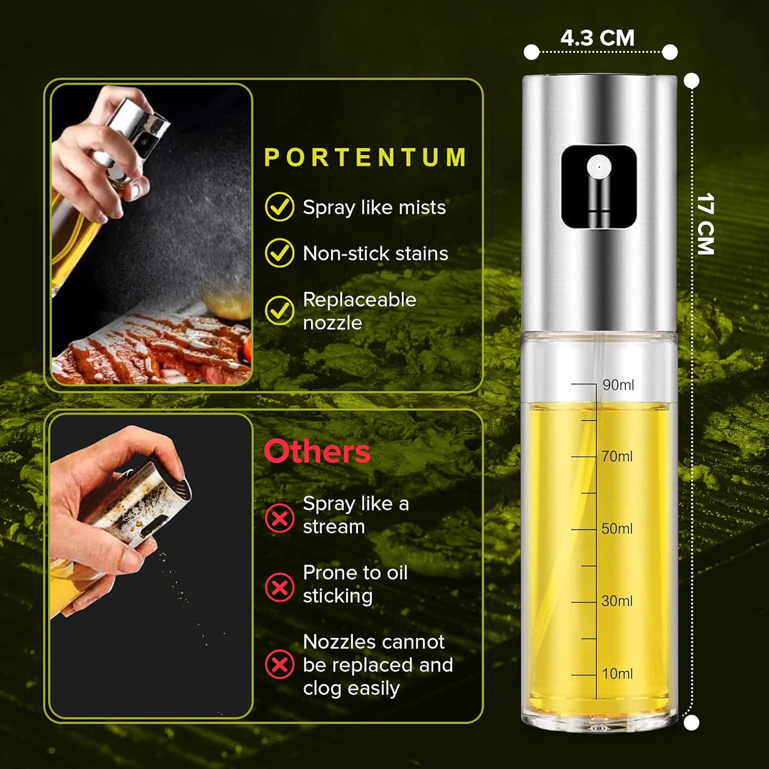 Vaporisateur Huile d'Olive PORTENTUM – Inox & Verre, 100 ml, Anti-Fuite, BBQ & Air Fryer