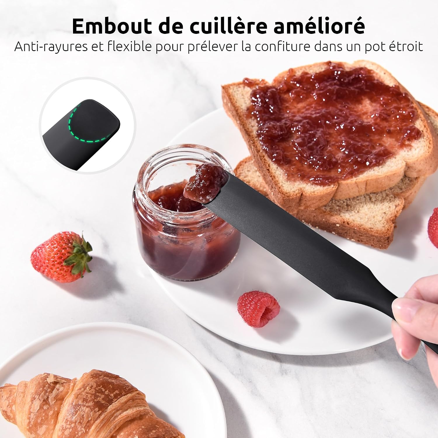 Spatule Silicone U-Taste – Embout Cuillère, Cœur Acier Inox, Résistante 315°C, 24,5 cm, Noir