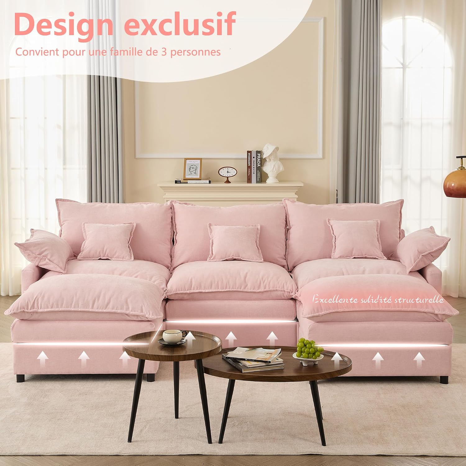 Canapé Modulable Litbird 3 Places — Velours Côtelé, Rose Pâle, Convertible