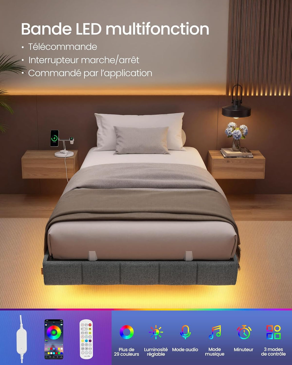 Cadre de Lit 90 x 200 cm avec Lumières LED & Prise Intégrée – Effet Flottant – Gris Ardoise – Charge 250 kg