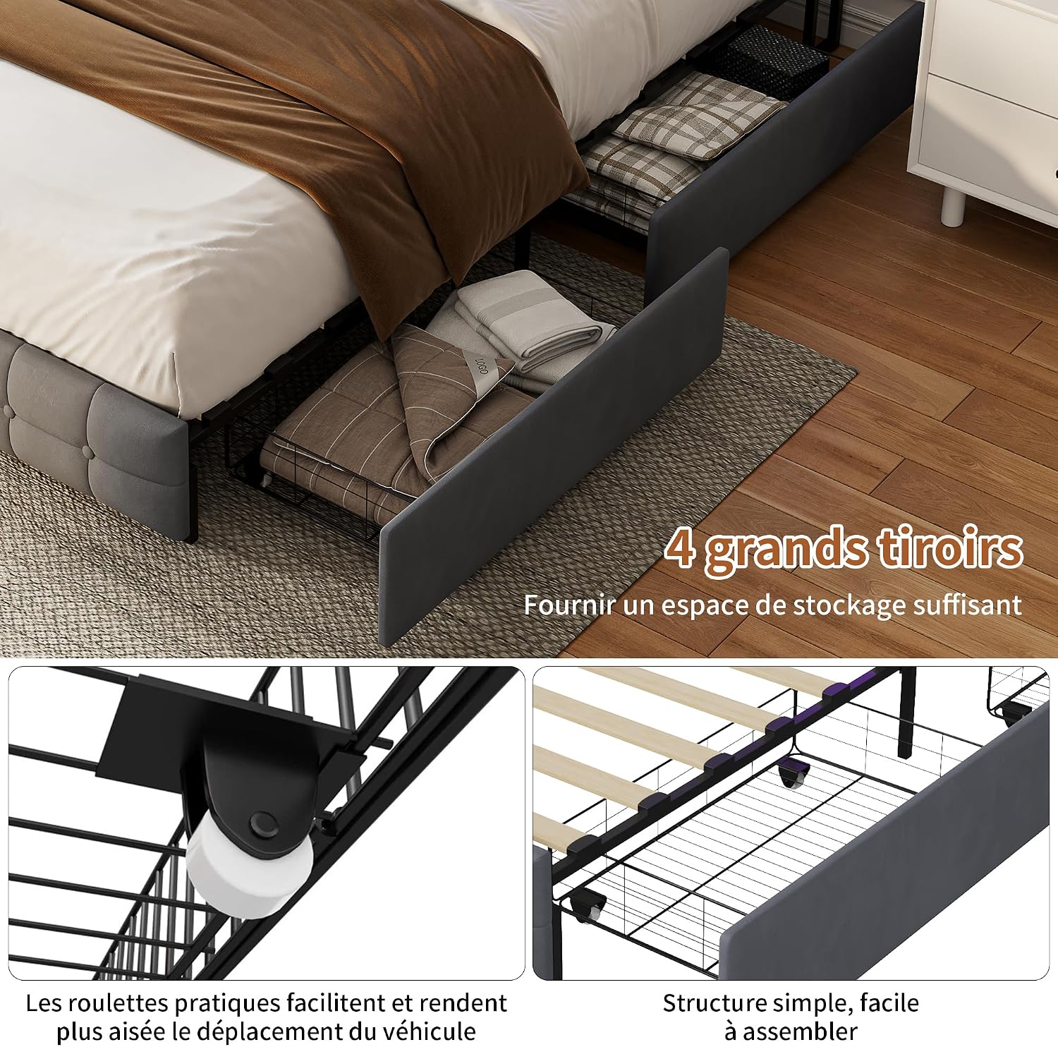 Lit Double 140x200 cm – 4 Tiroirs de Rangement, Éclairage LED +6000 Couleurs & Tête de Lit Réglable en PU