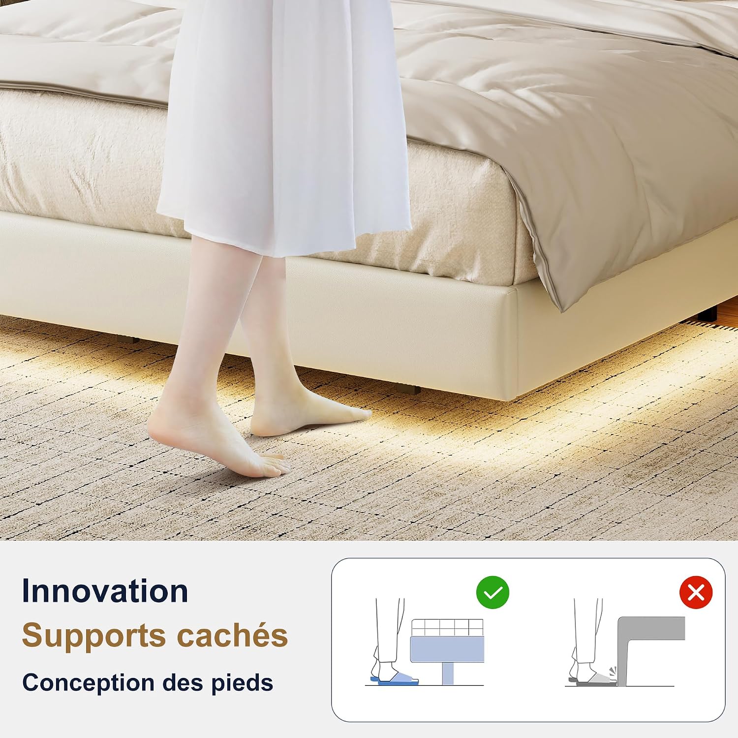 Lit Coffre LED RGB & Port USB | Rangement Hydraulique | Tête de Lit Rembourrée avec Étagères | 90 à 160 x 200 cm