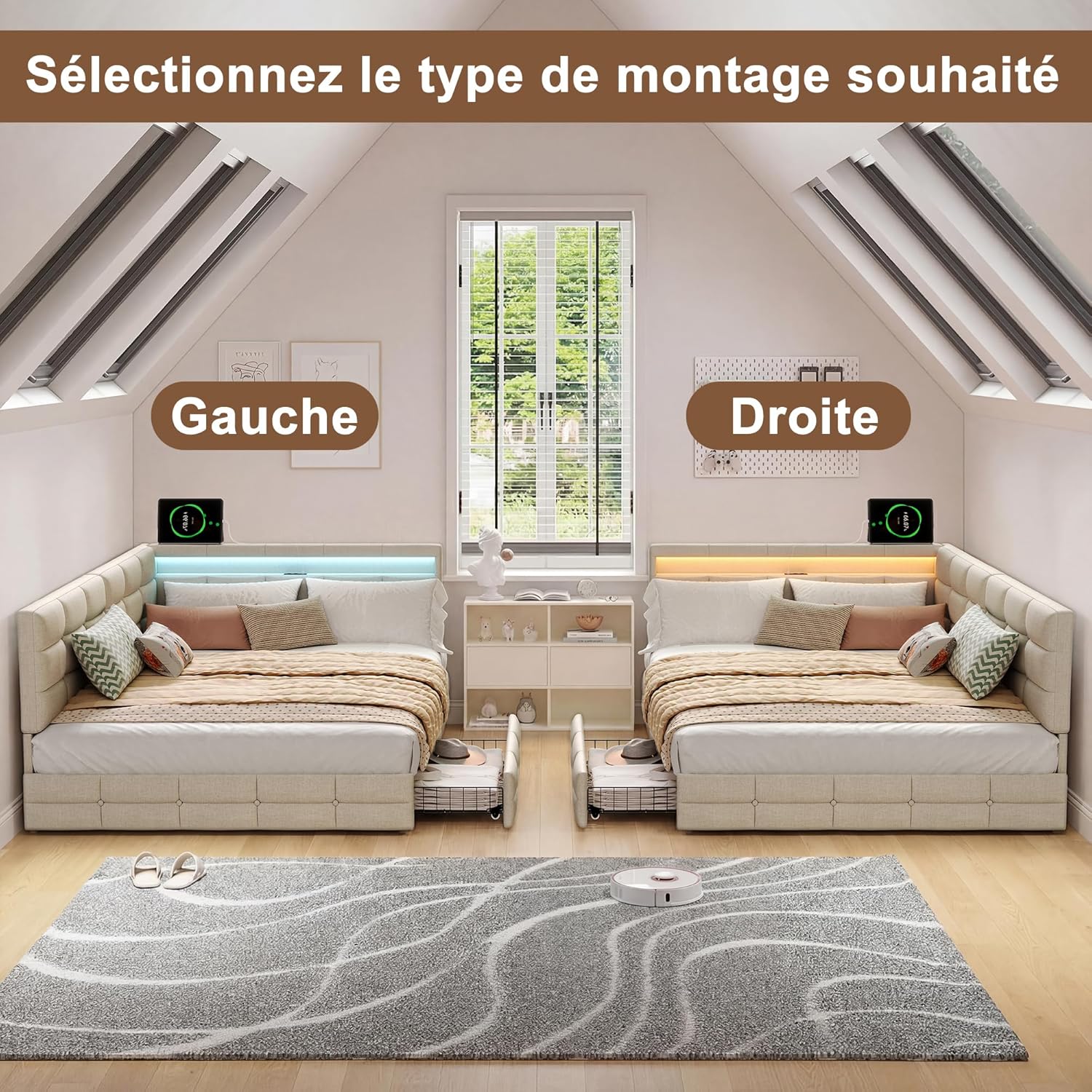 Lit Coffre 90x200 cm – Tête de Lit Rangement, Éclairage LED 16 Couleurs & Ports USB/USB-C