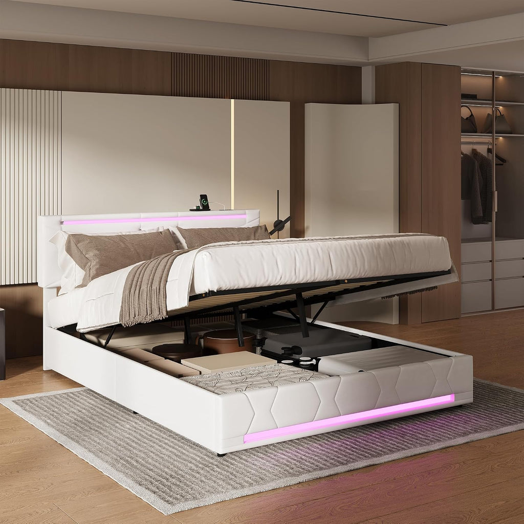 Lit Coffre BRILVERDE | LED RGB & Port USB | Sommier à Lattes | Tissu Lin | 90 à 160 x 200 cm