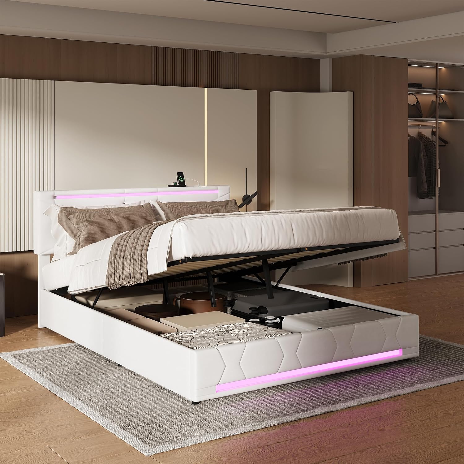 Lit Coffre BRILVERDE | LED RGB & Port USB | Sommier à Lattes | Tissu Lin | 90 à 160 x 200 cm
