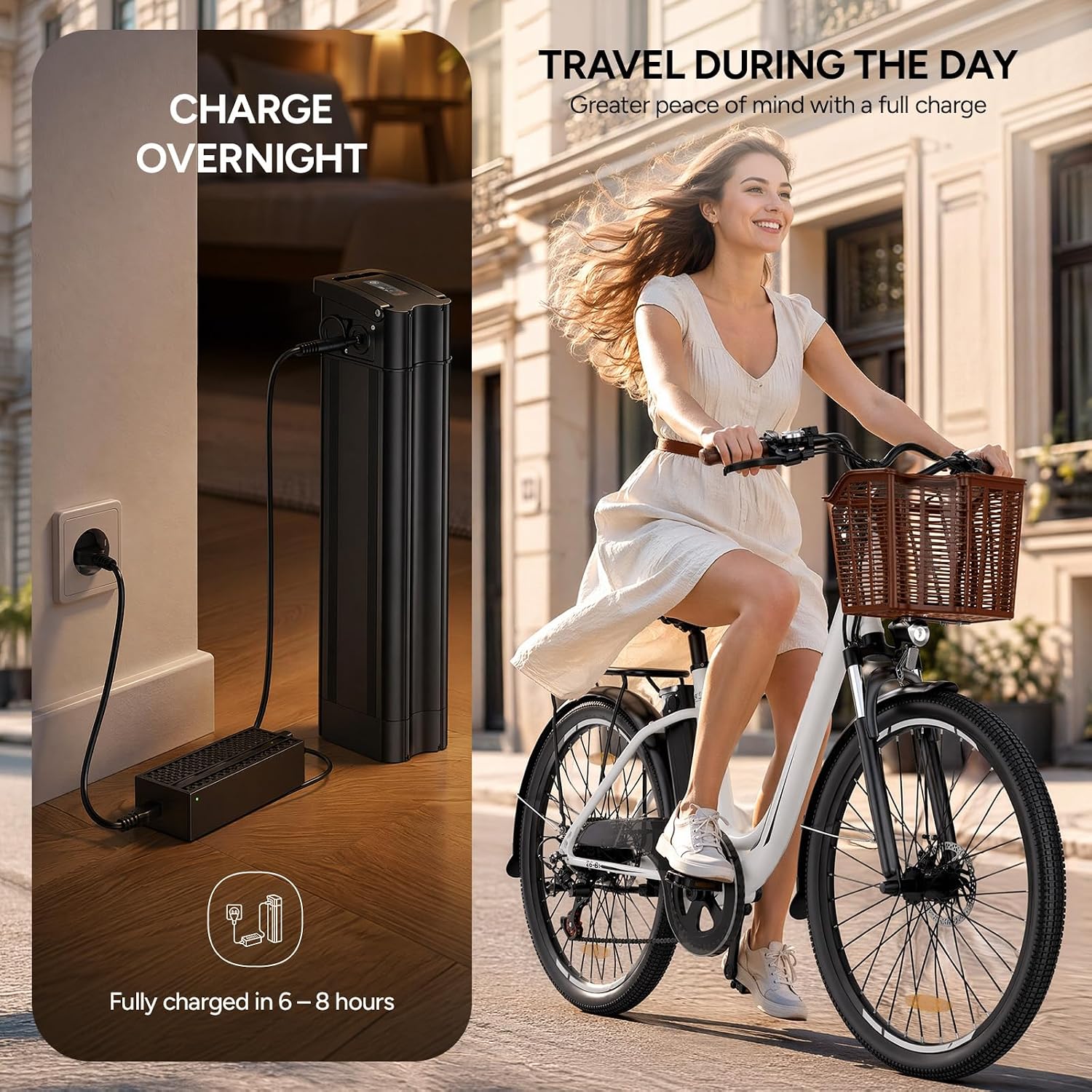 E-bike voor dames en heren, 26 inch, met mand, stadsfiets, trekkingfiets met 36 V 13 Ah accu, wit