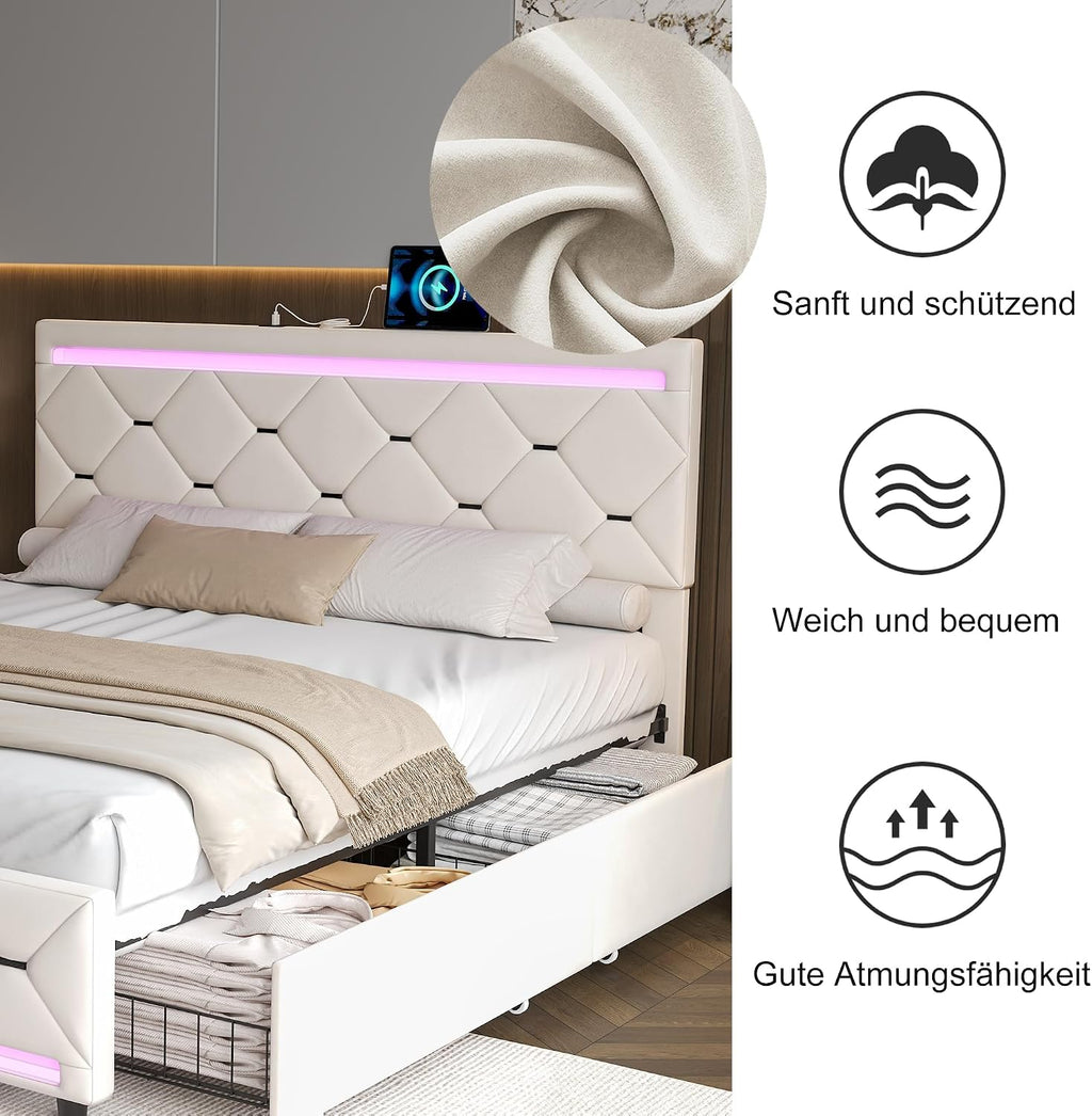 Lit Double 140x200 cm – 4 Tiroirs de Rangement, Éclairage LED +6000 Couleurs & Tête de Lit Réglable en PU