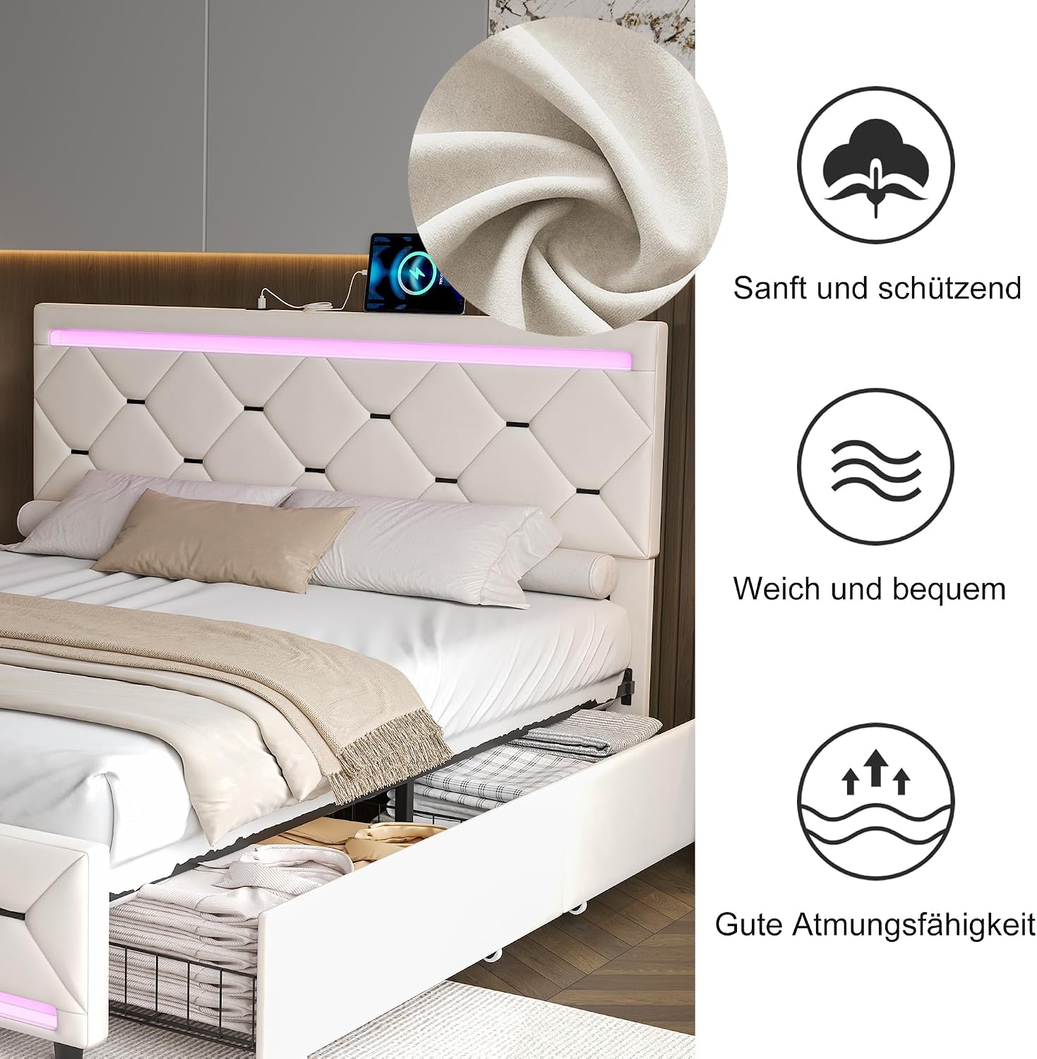 Lit Double 140x200 cm – 4 Tiroirs de Rangement, Éclairage LED +6000 Couleurs & Tête de Lit Réglable en PU
