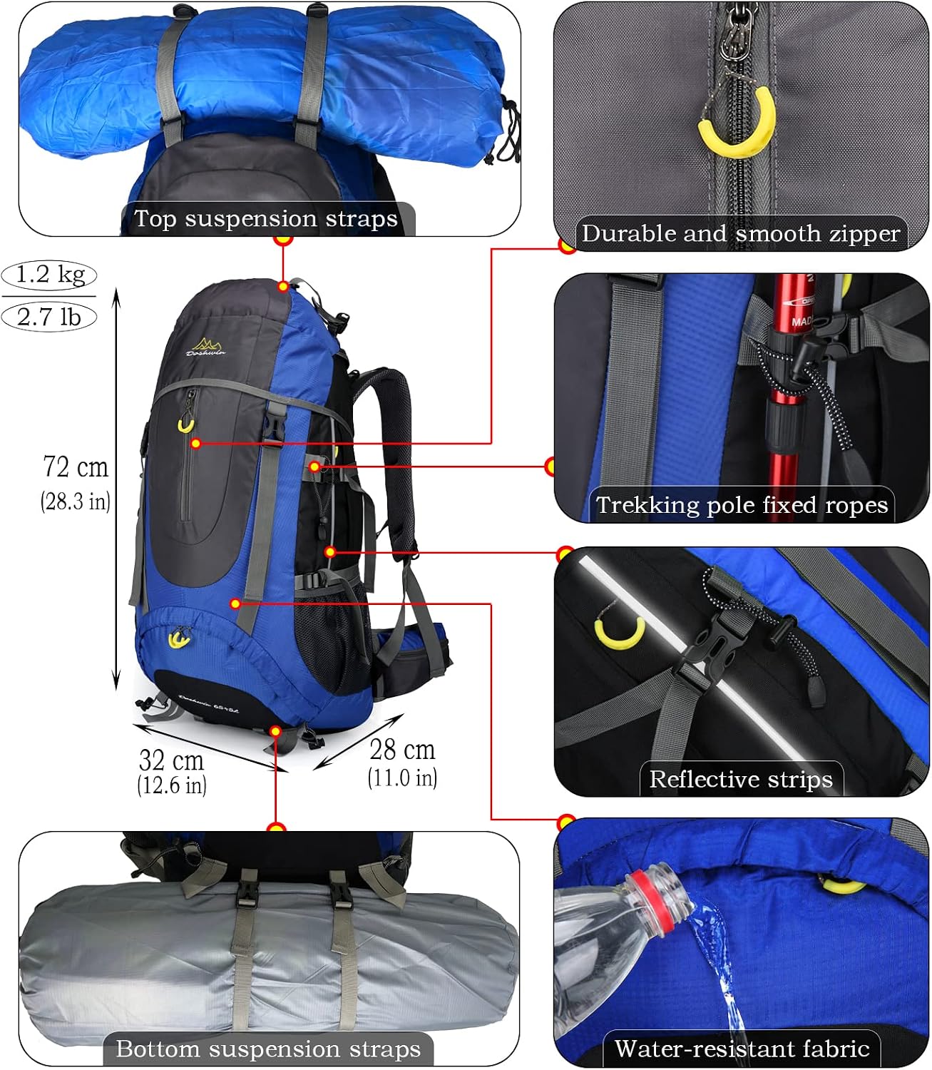70 l rugzak, trekking, kamperen, reizen, wandelen, groot, voor heren en dames