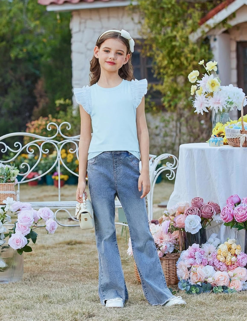 Arshiner T-shirt met kanten mouwen voor meisjes, zomertop, ronde hals, korte mouwen, casual, effen, 5-14 jaar