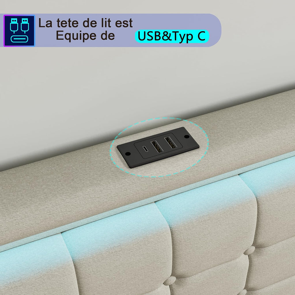 Lit Double 140x200 cm – 4 Tiroirs de Rangement, Éclairage LED +6000 Couleurs & Tête de Lit Réglable en PU