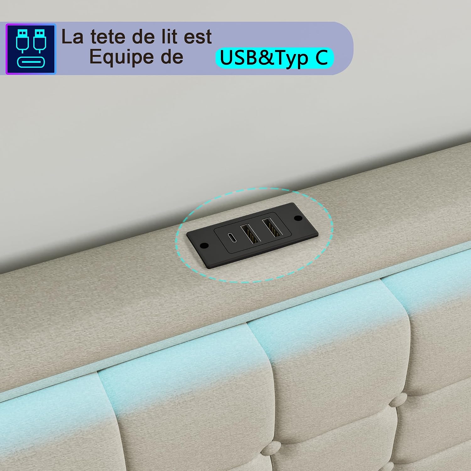 Lit Double 140x200 cm – 4 Tiroirs de Rangement, Éclairage LED +6000 Couleurs & Tête de Lit Réglable en PU
