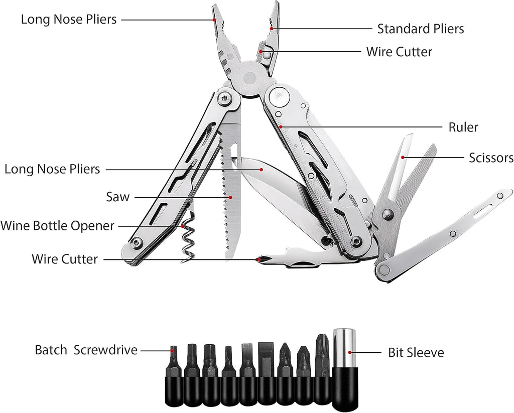 RoverTac Multitool zakmes tactisch survivalmes camping geschenken voor mannen papa echtgenoot 18 in 1 multi-tool mes tang schaar kurkentrekker 9-pack schroevendraaier