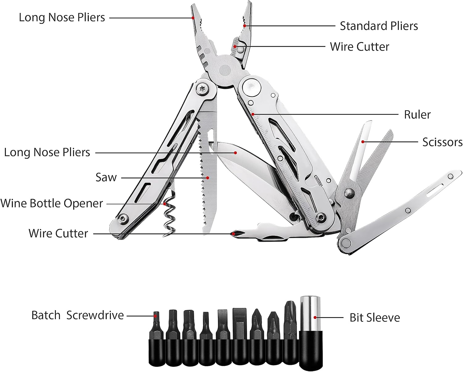 RoverTac Multitool zakmes tactisch survivalmes camping geschenken voor mannen papa echtgenoot 18 in 1 multi-tool mes tang schaar kurkentrekker 9-pack schroevendraaier