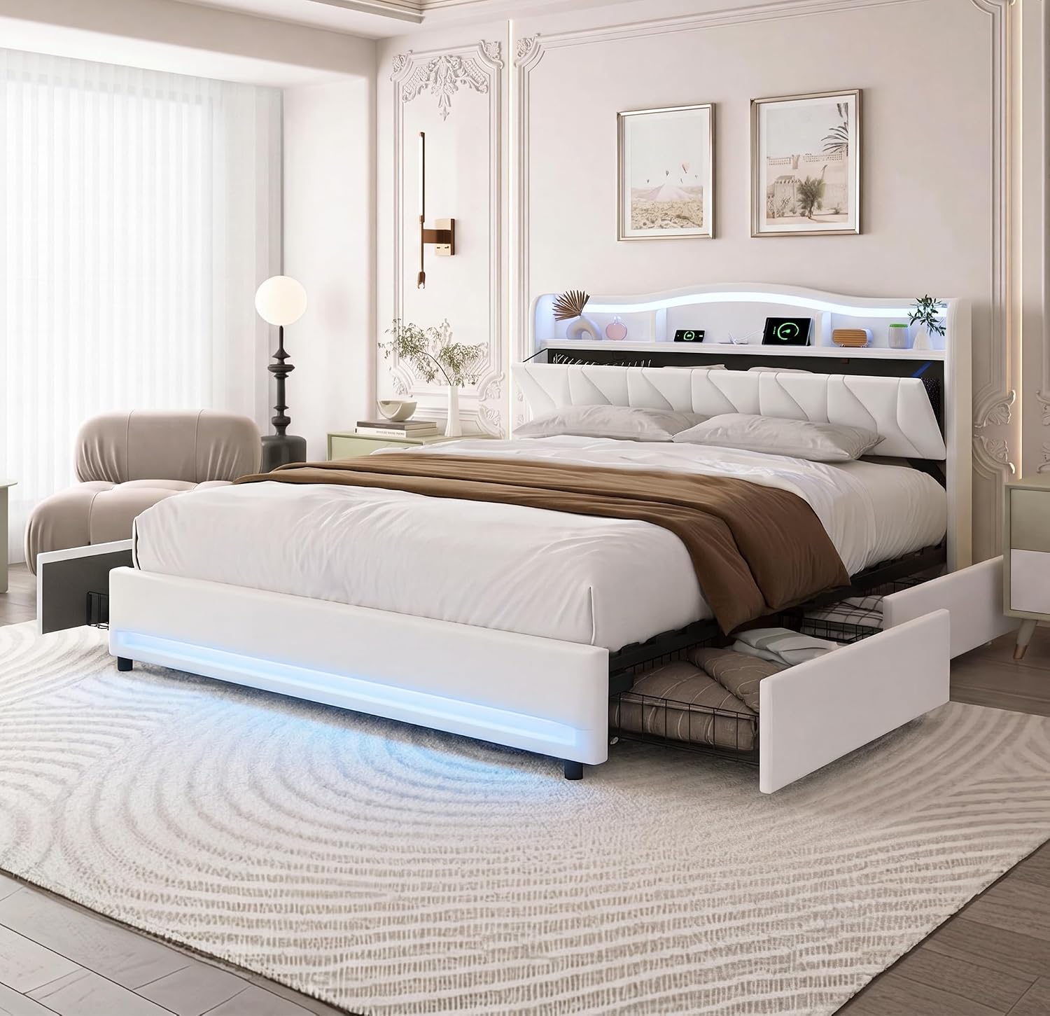 Lit Double 140x200 cm – 4 Tiroirs de Rangement, Éclairage LED +6000 Couleurs & Tête de Lit Réglable en PU