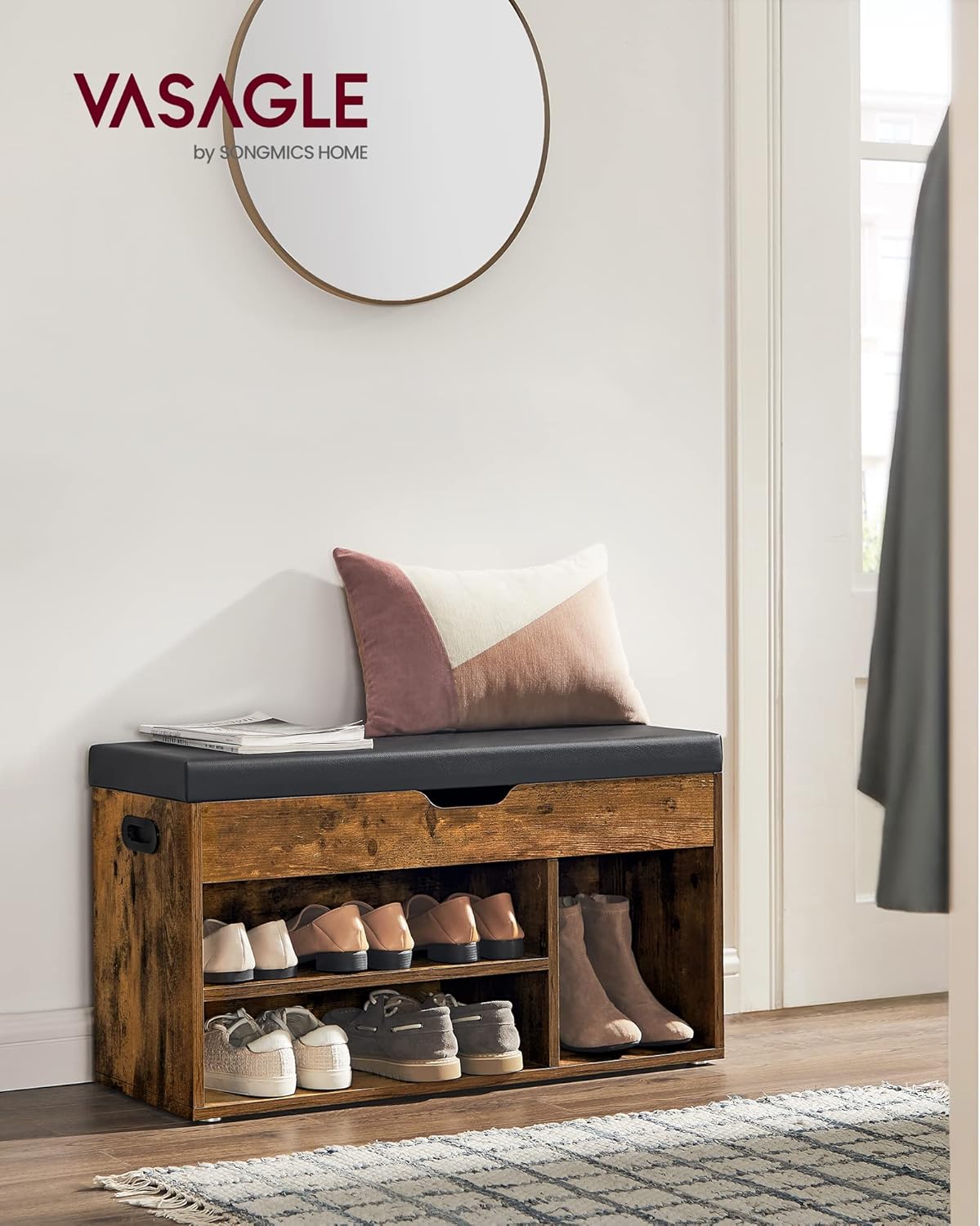 Banc à Chaussures Rembourré VASAGLE – Rangement 3 Compartiments, Style Vintage, 80 cm