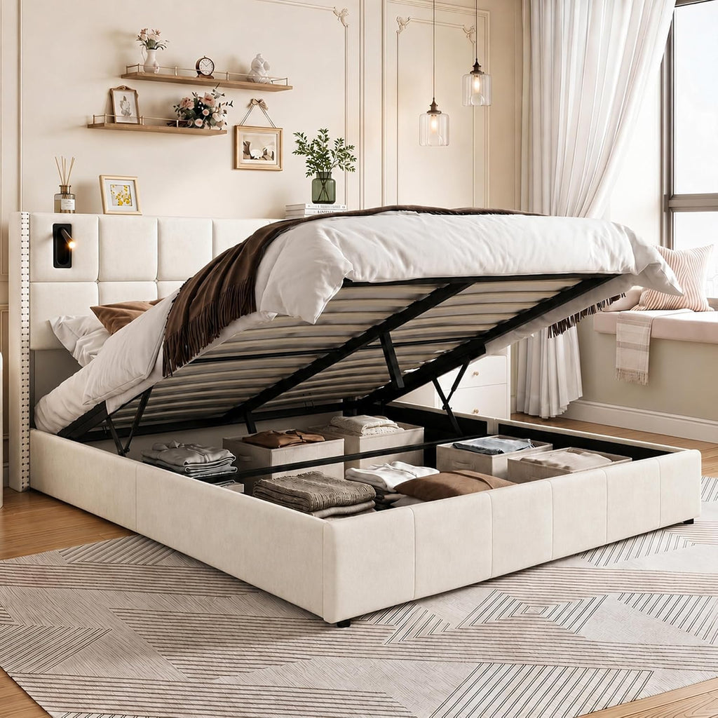 Lit Coffre Capitonné 140 x 200 cm – Tête de Lit Hydraulique & Sommier à Lattes – Flanelle Blanc Cassé
