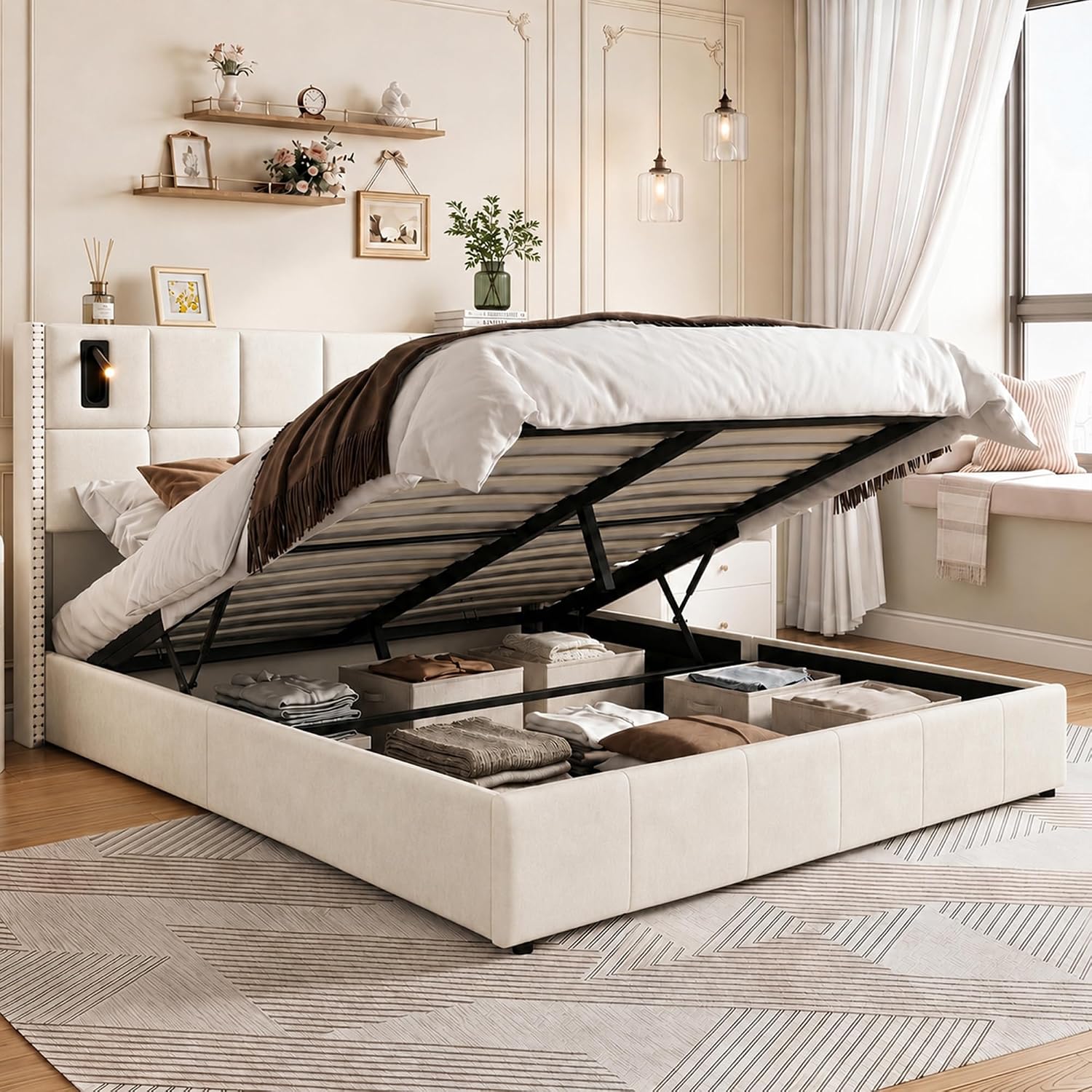 Lit Coffre Capitonné 140 x 200 cm – Tête de Lit Hydraulique & Sommier à Lattes – Flanelle Blanc Cassé
