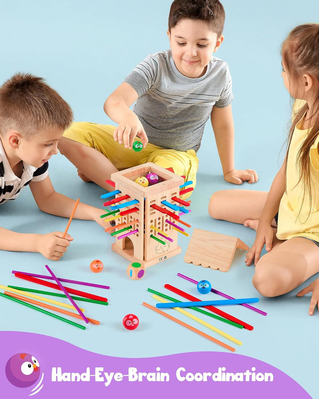 Wooden Board Game for Children 3-6 Years - Chicken Coop Game with Dice, Sticks and Chick Ball - Family Game Balance and Concentration - Boy Girl Birthday Gift