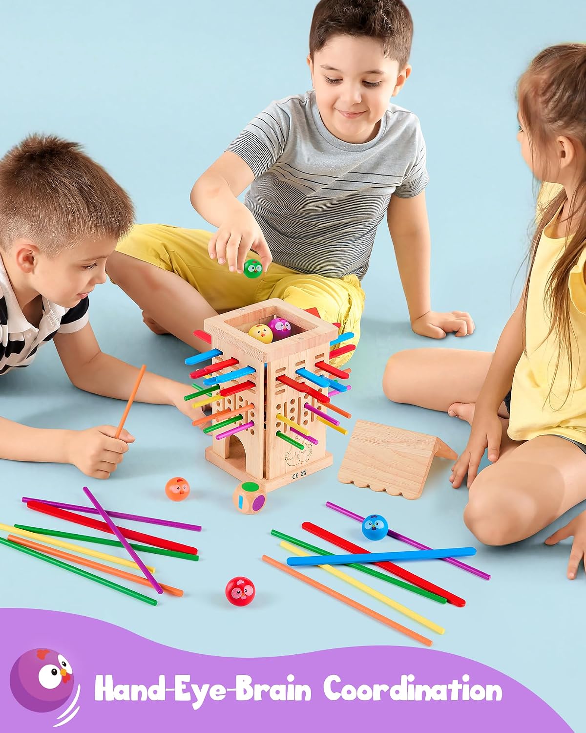 Wooden Board Game for Children 3-6 Years - Chicken Coop Game with Dice, Sticks and Chick Ball - Family Game Balance and Concentration - Boy Girl Birthday Gift
