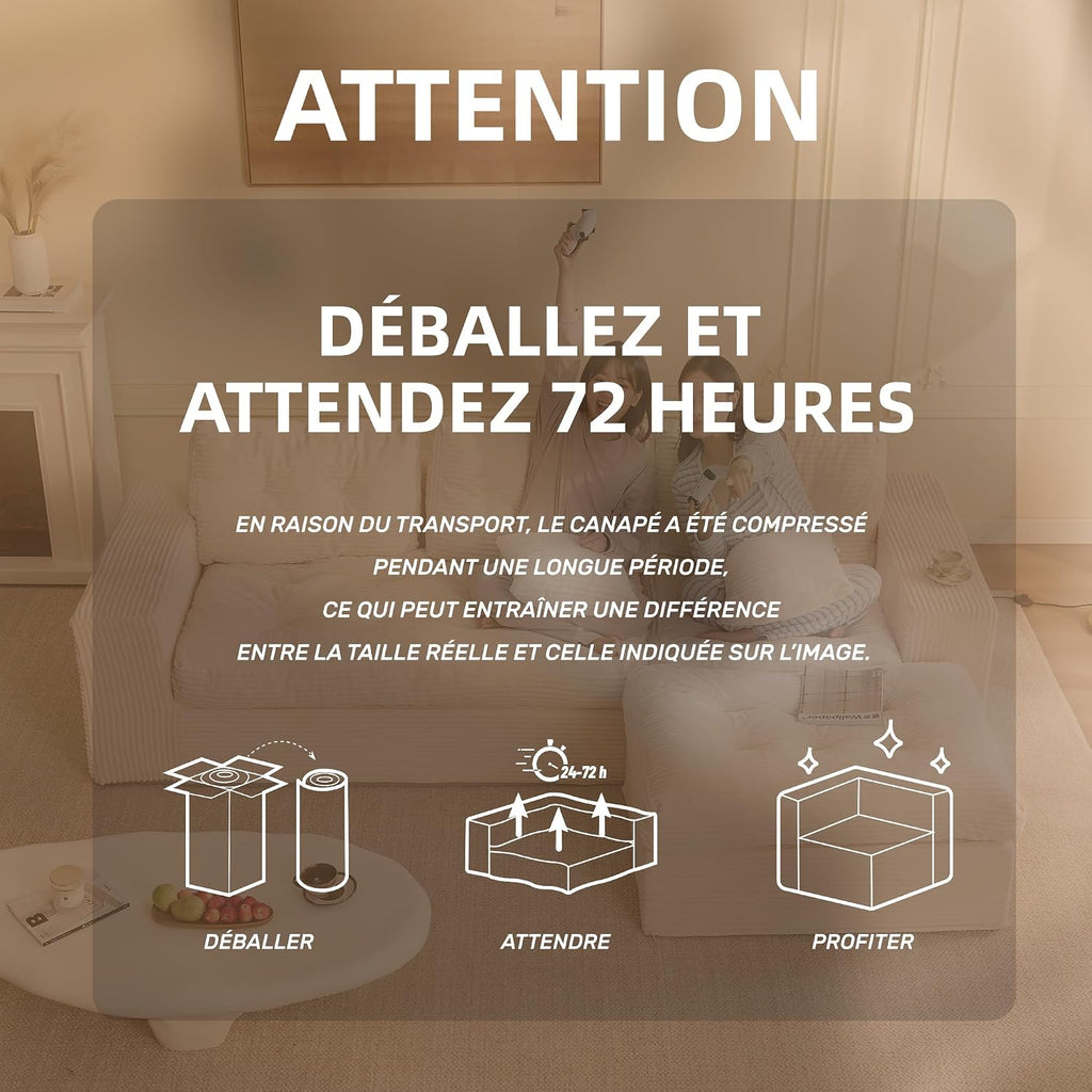 Canapé d'angle modulable Litbird – 3 places + pouf – Velours côtelé beige – Sans montage