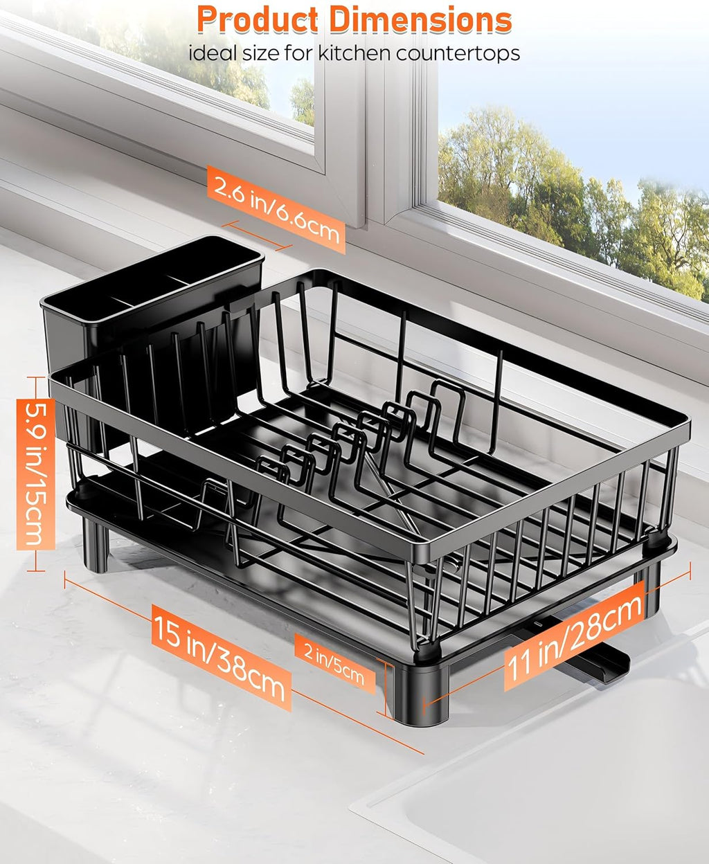 Égouttoir à Vaisselle Inox LIONONLY – Drainage Auto 360°, Porte-Ustensiles, 38 x 29 cm, Noir