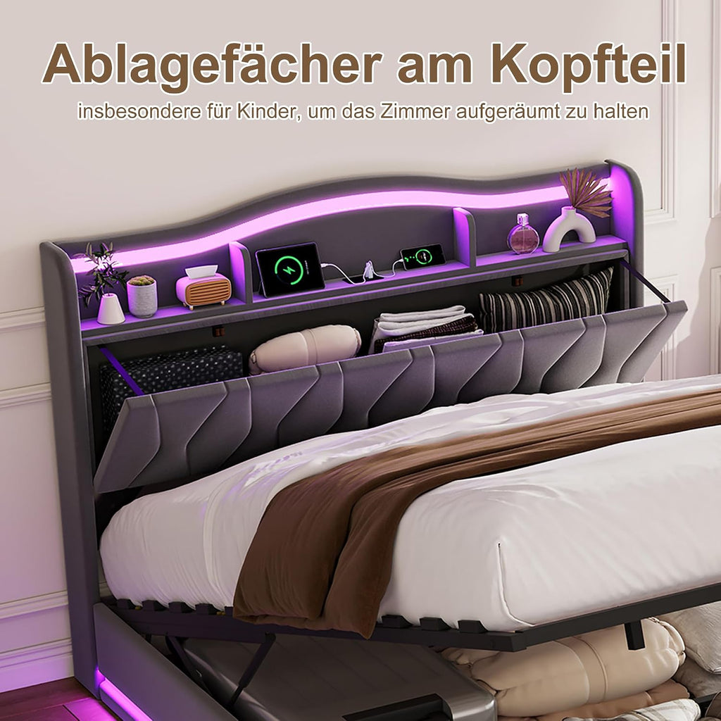 Lit Coffre BRILVERDE | LED RGB & Port USB | Sommier à Lattes | Tissu Lin | 90 à 160 x 200 cm
